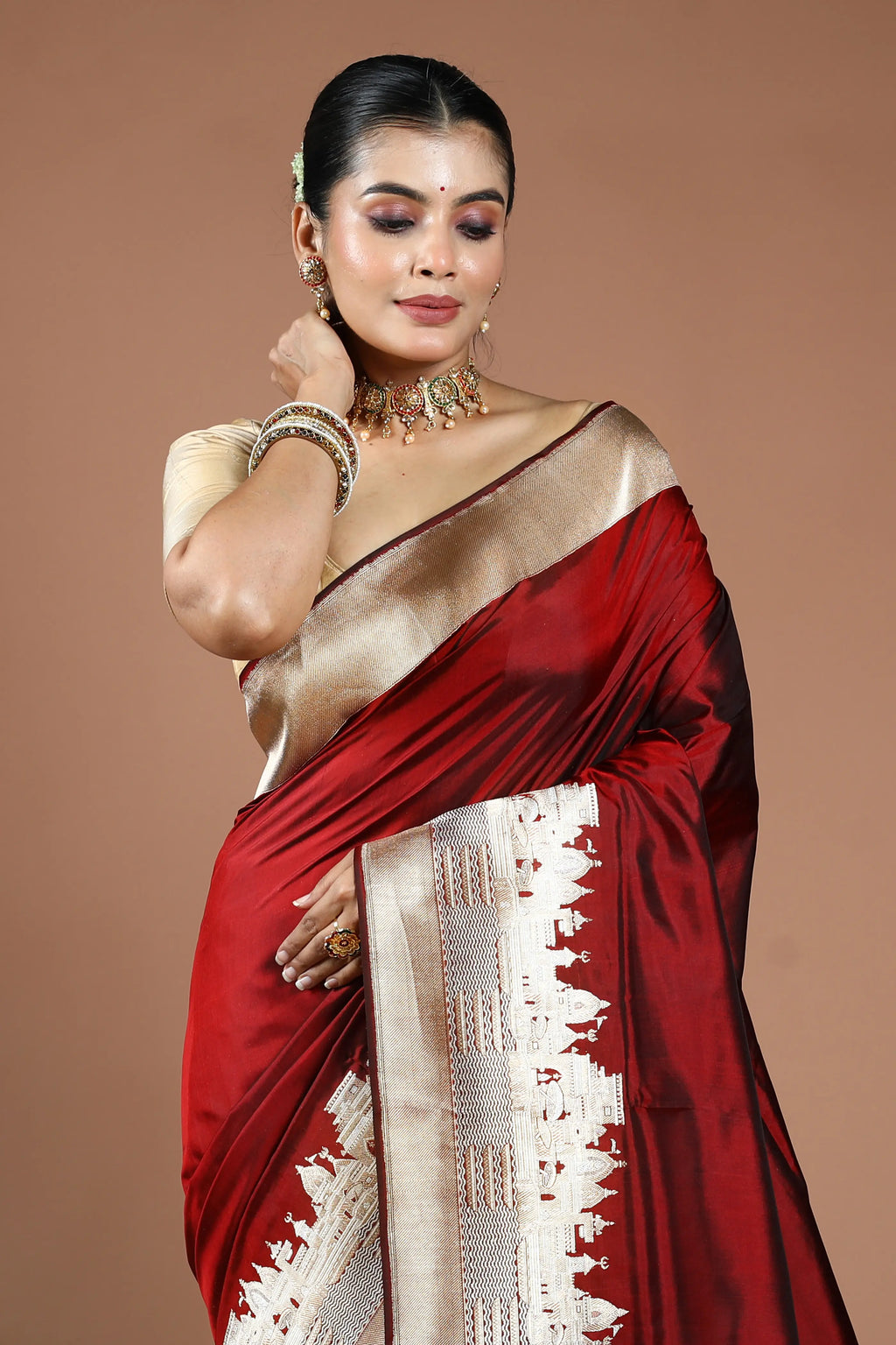 Maroon Pure Ghat Katan Silk Saree With Blouse Piece