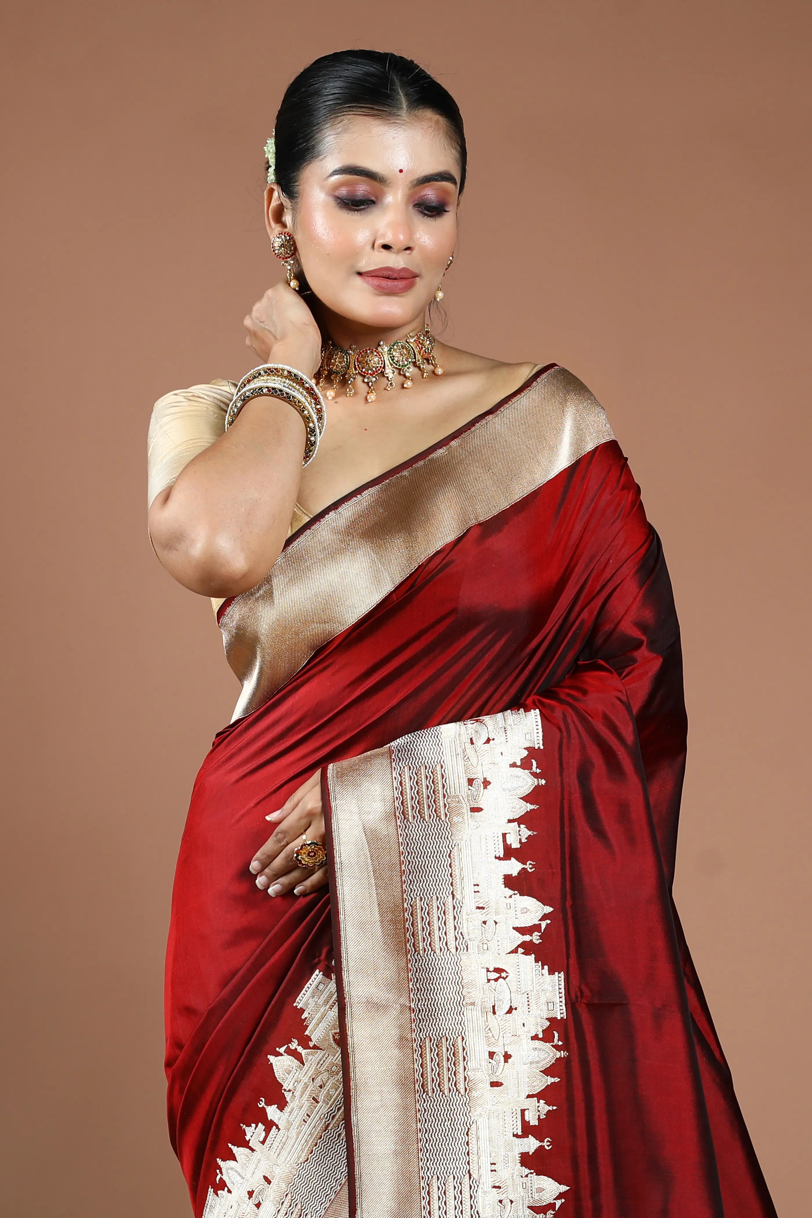 Maroon Pure Ghat Katan Silk Saree With Blouse Piece