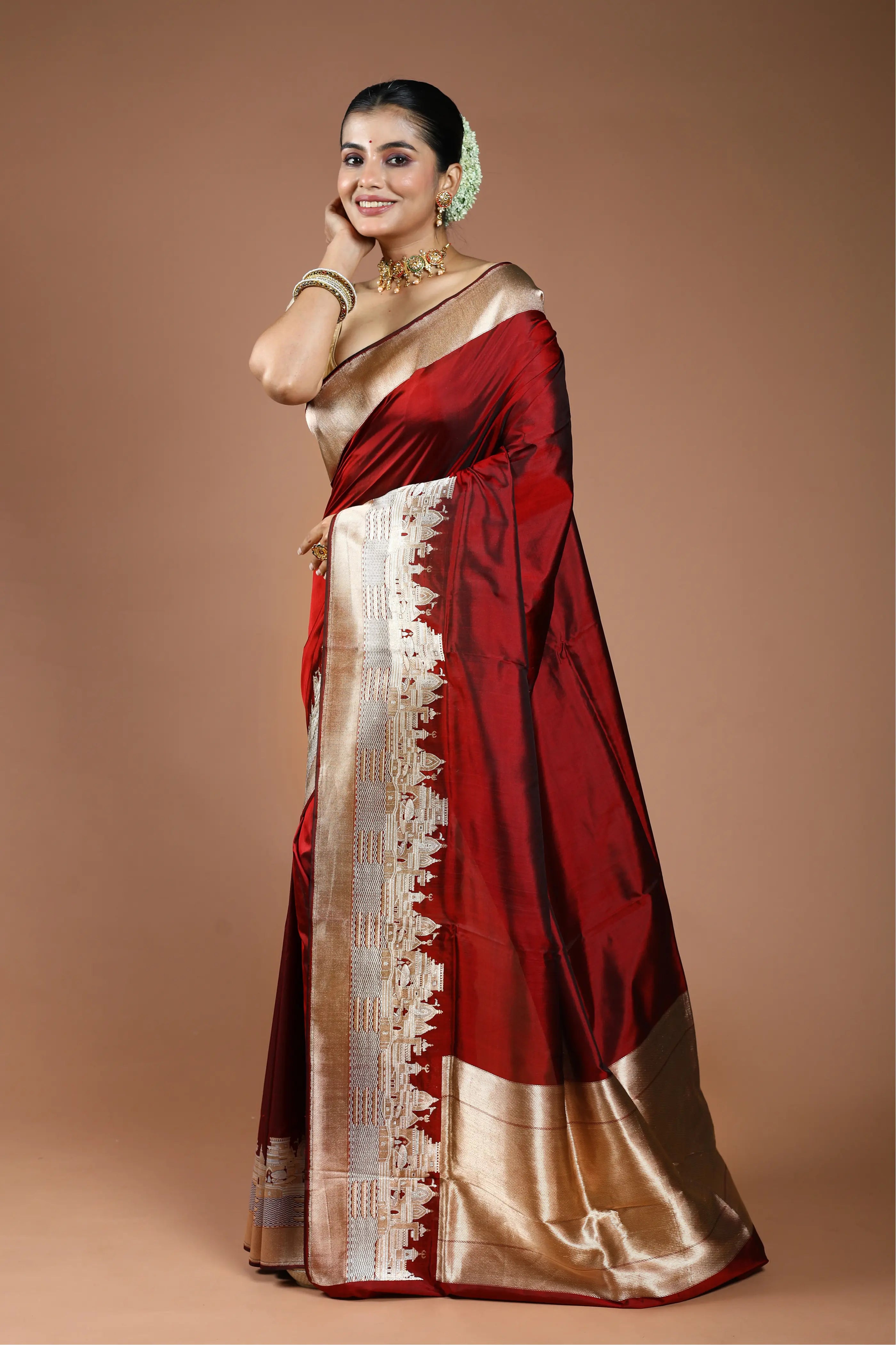 Maroon Pure Ghat Katan Silk Saree With Blouse Piece