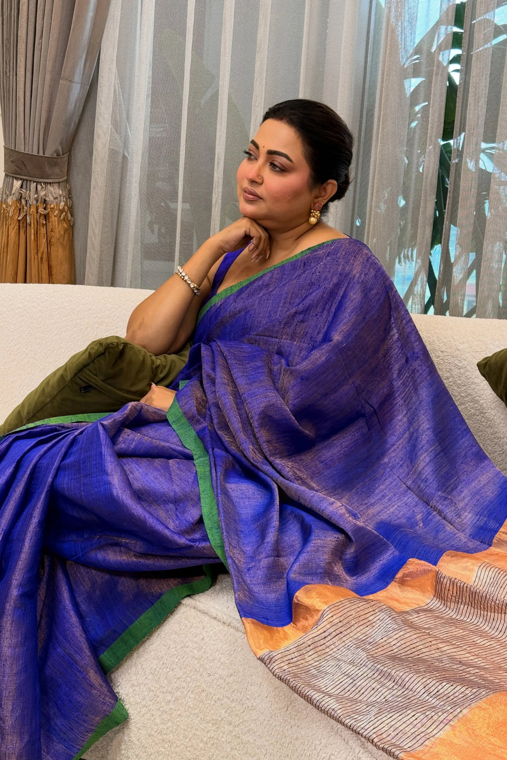 Blue Tissue Matka Saree With Blouse Piece