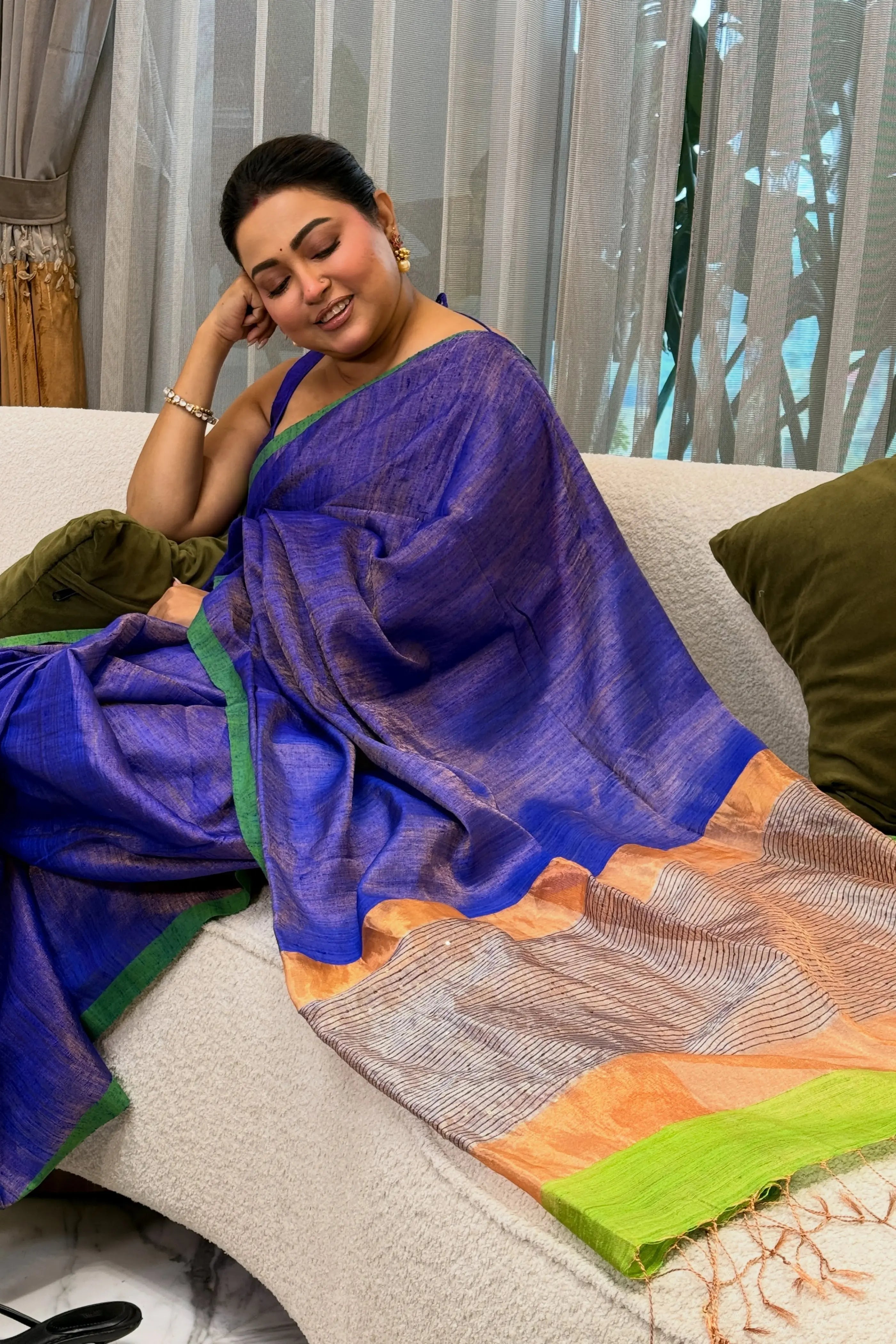 Blue Tissue Matka Saree With Blouse Piece