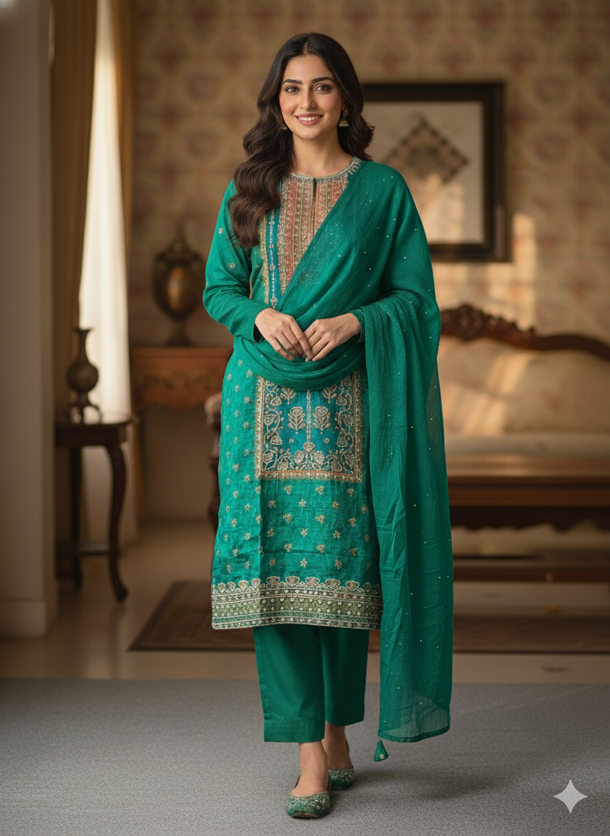 Russian Silk Zardosi Work 3PC Kurti Set