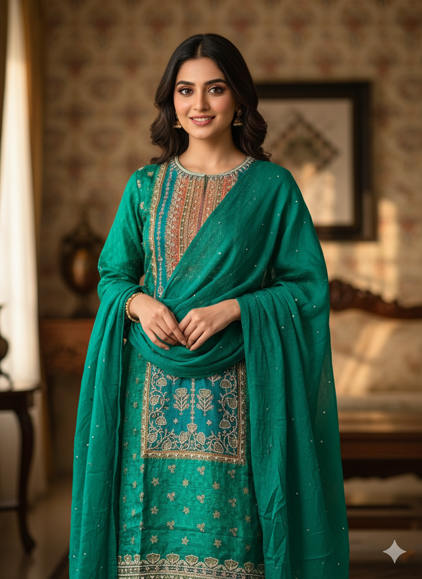 Russian Silk Zardosi Work 3PC Kurti Set