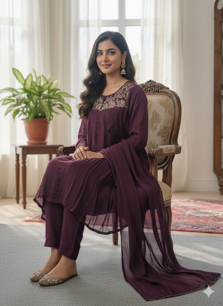 Chiffon Anarkali Zardosi Work 3PC Kurti Set