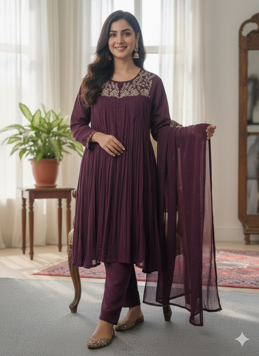 Chiffon Anarkali Zardosi Work 3PC Kurti Set