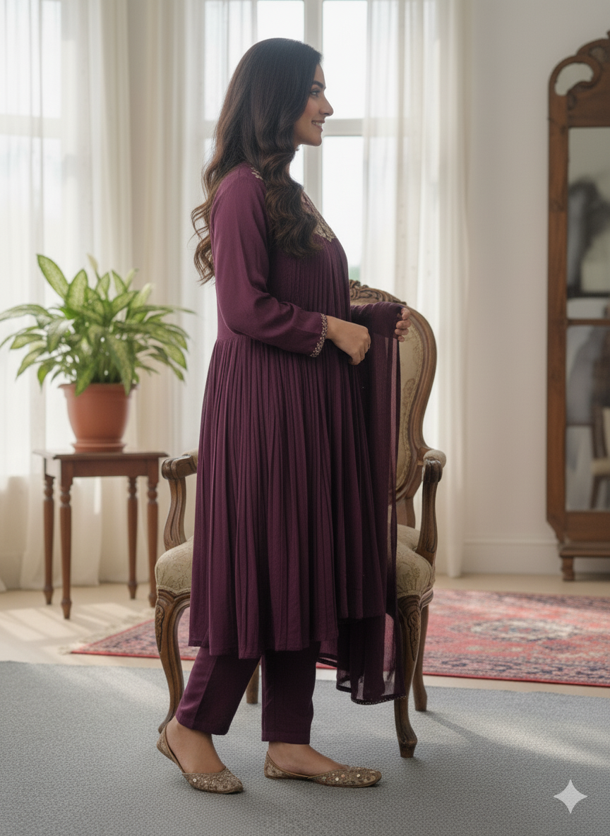 Chiffon Anarkali Zardosi Work 3PC Kurti Set