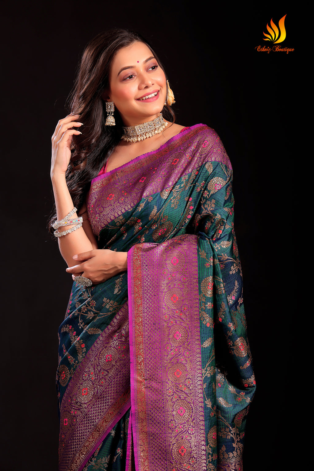 Jaal Dupion Silk Banarasi Green