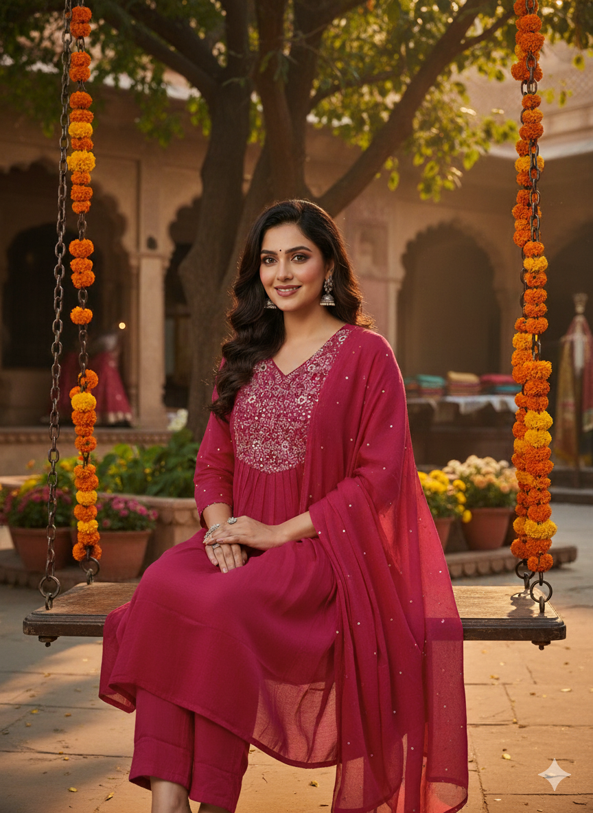 Cotton Chanderi Sequence Work 3PC Kurti Set