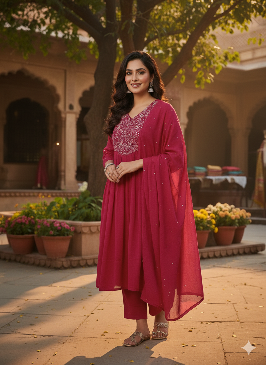 Cotton Chanderi Sequence Work 3PC Kurti Set