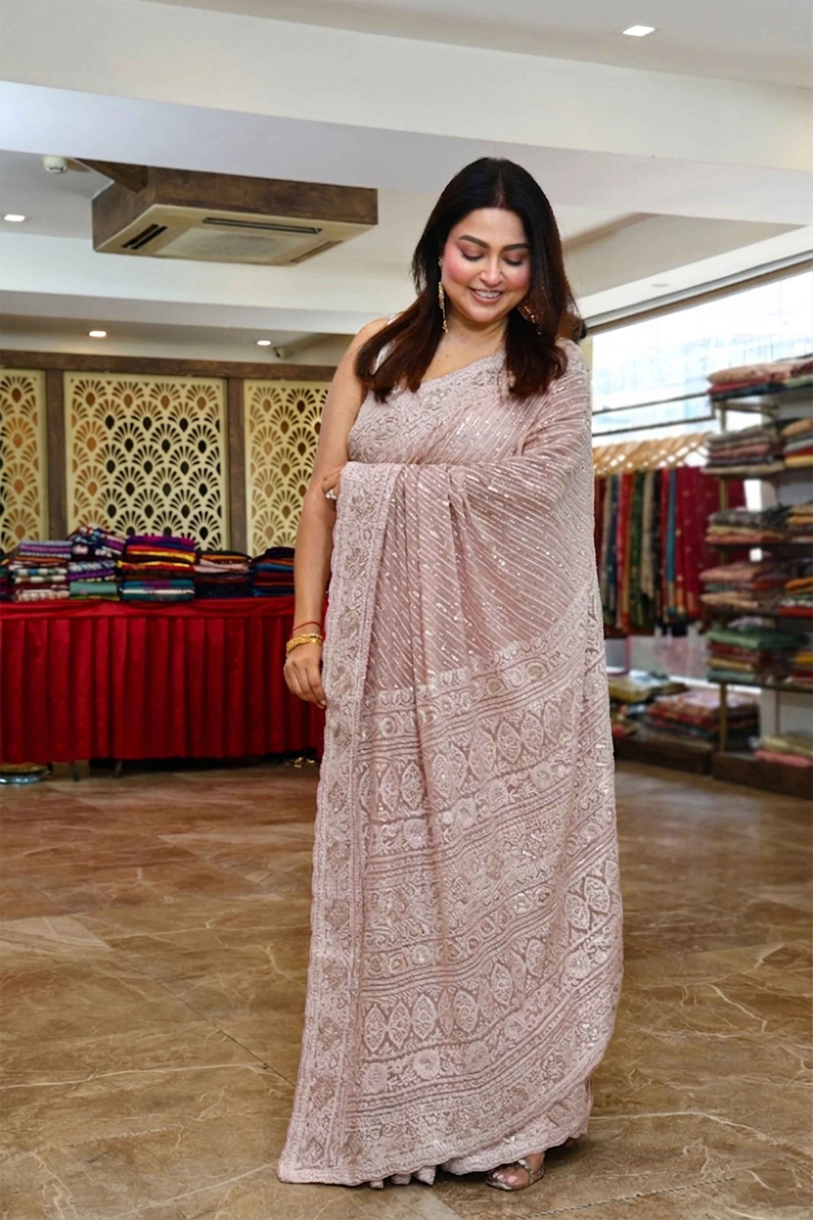 Powder Pink Chikankari Saree with Blouse Piece