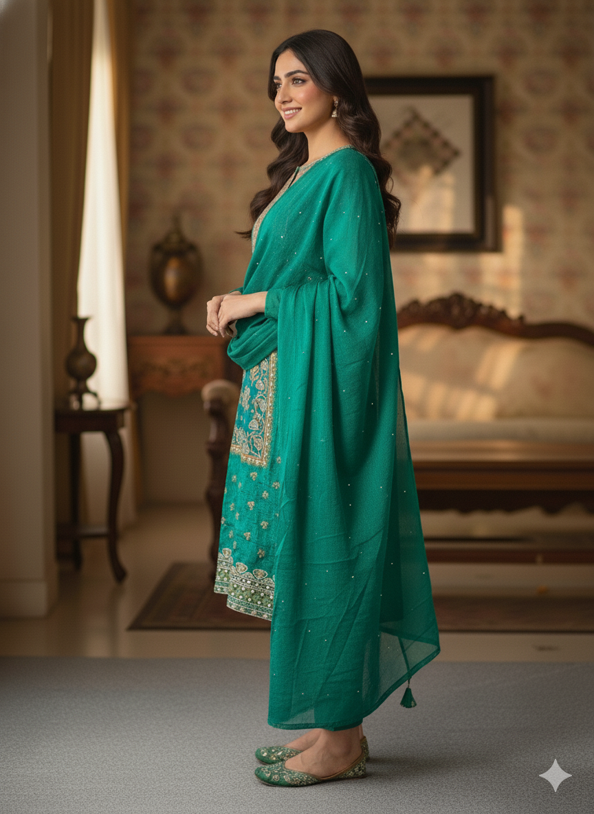 Russian Silk Zardosi Work 3PC Kurti Set