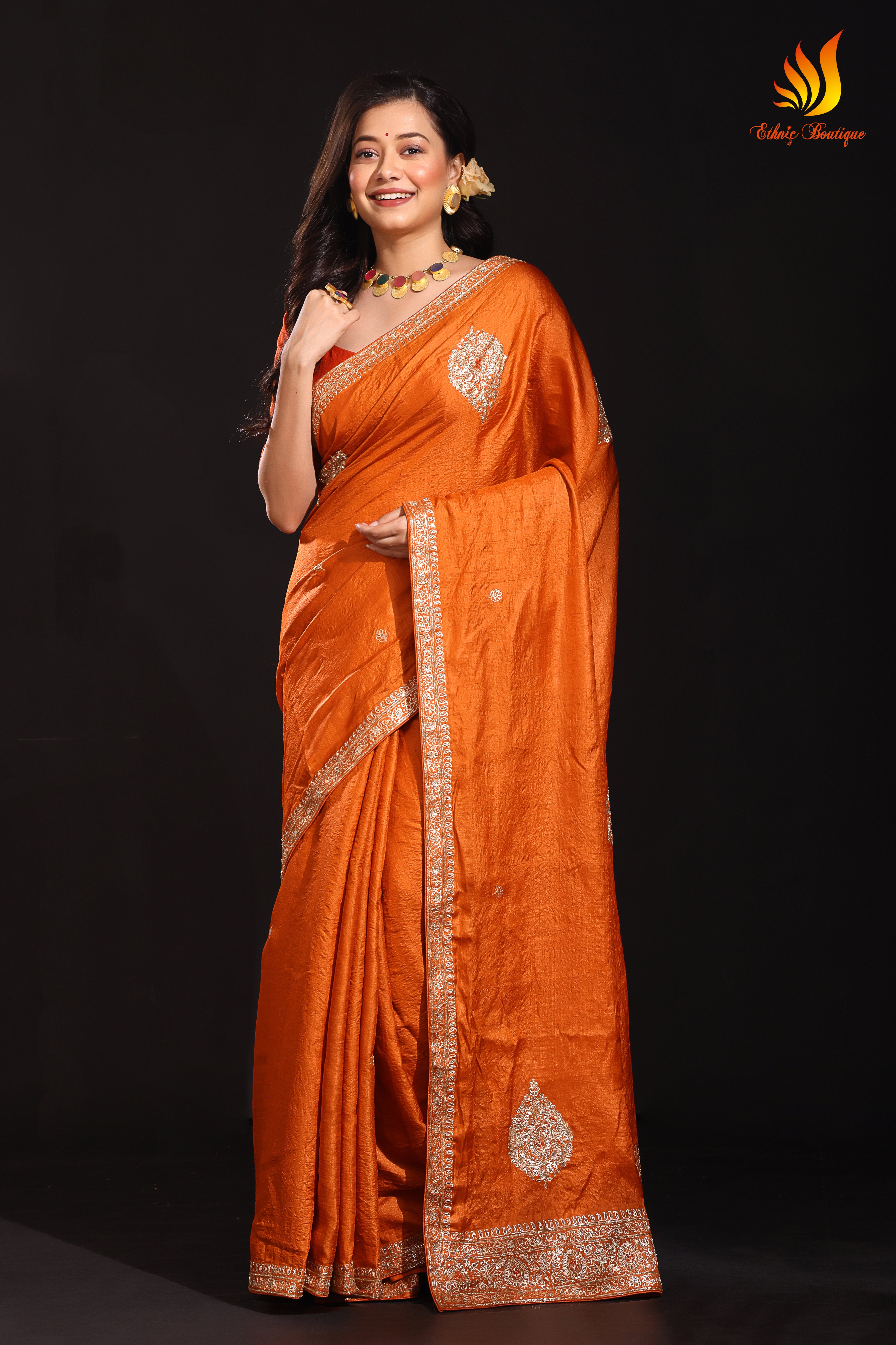 Tussar Zardosi Work Orange