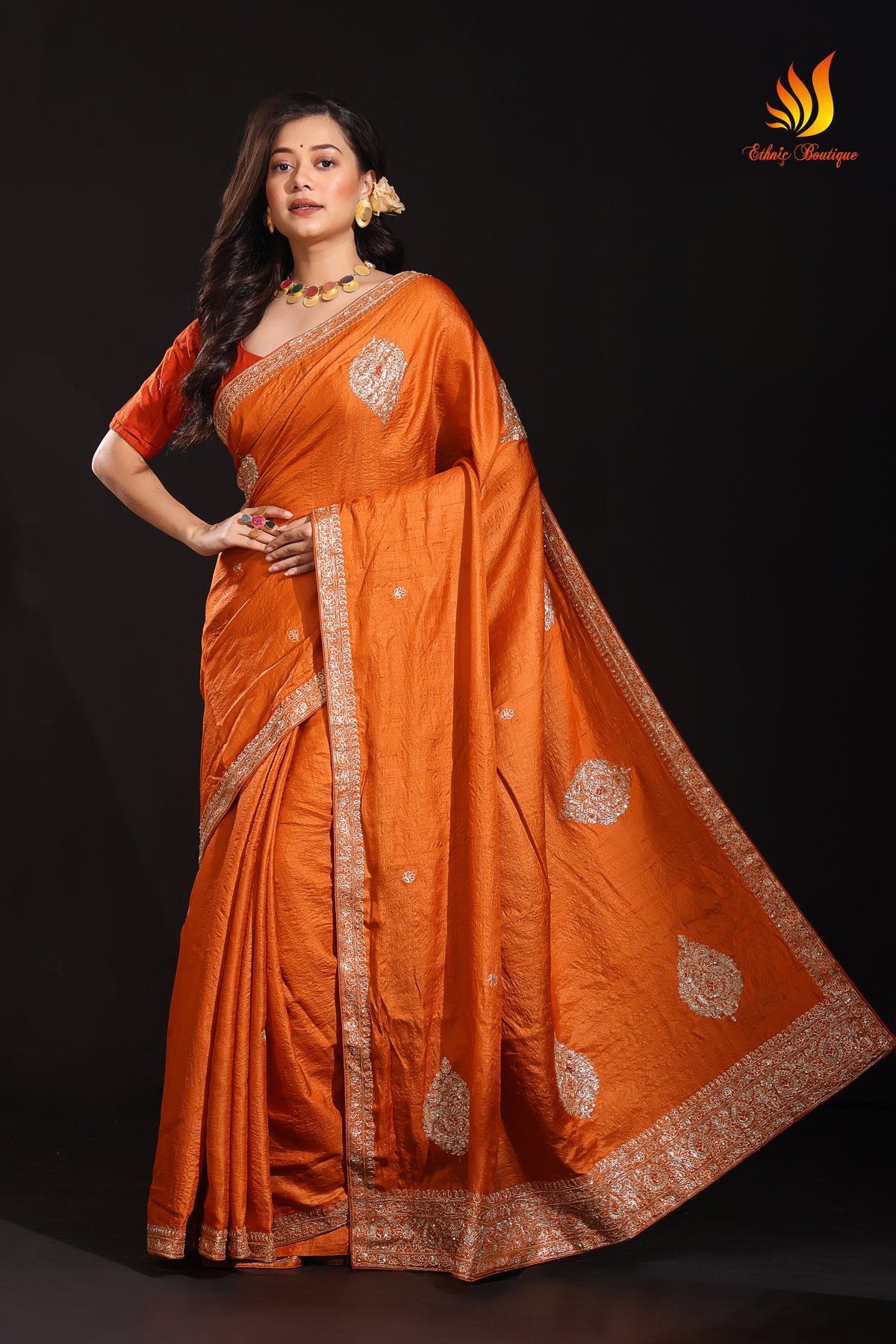 Tussar Zardosi Work Orange