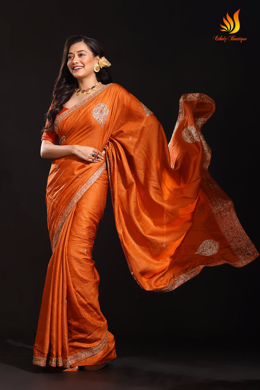 Tussar Zardosi Work Orange