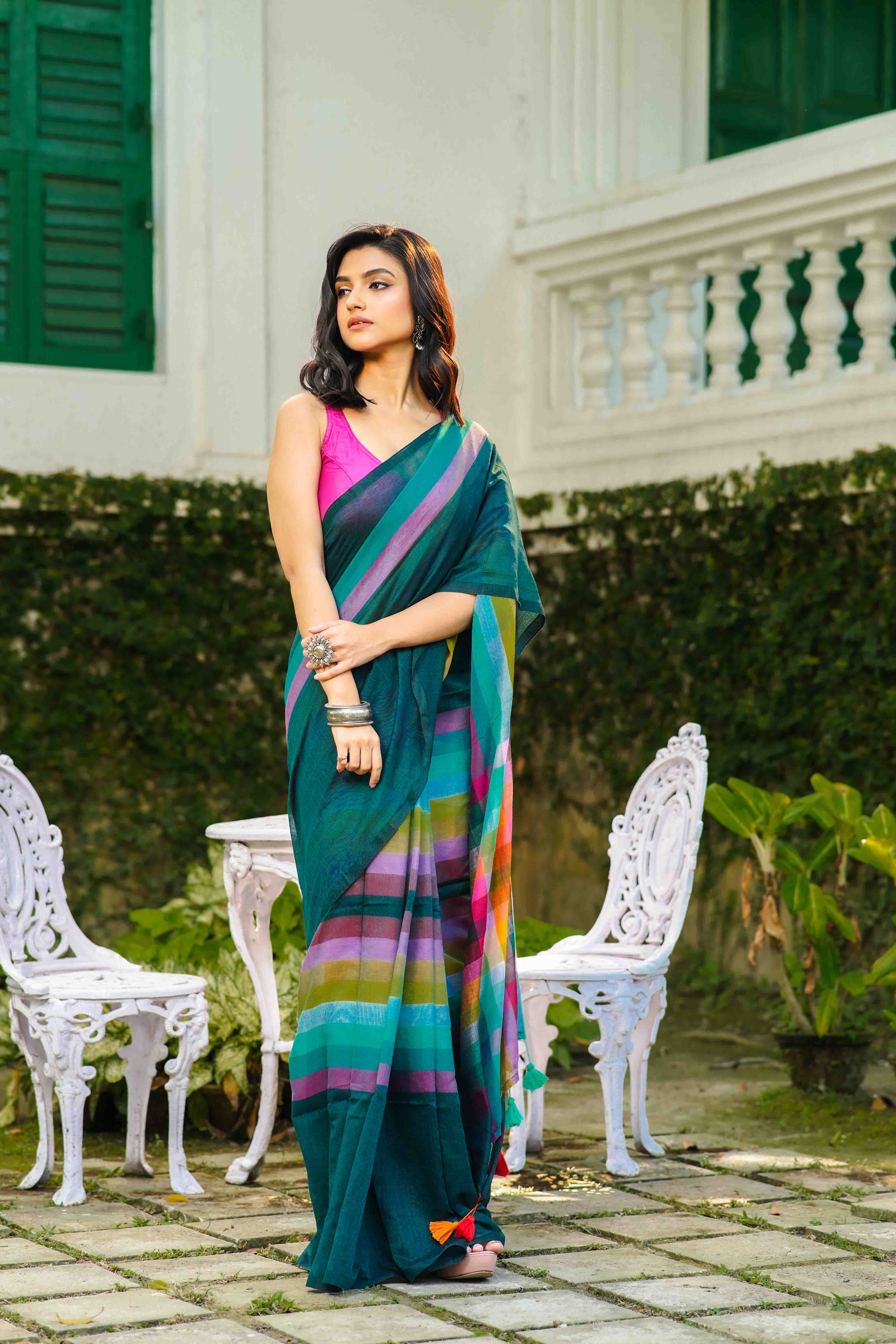 Deep Green Multicolor Checks Cotton Saree Without  Blouse Piece