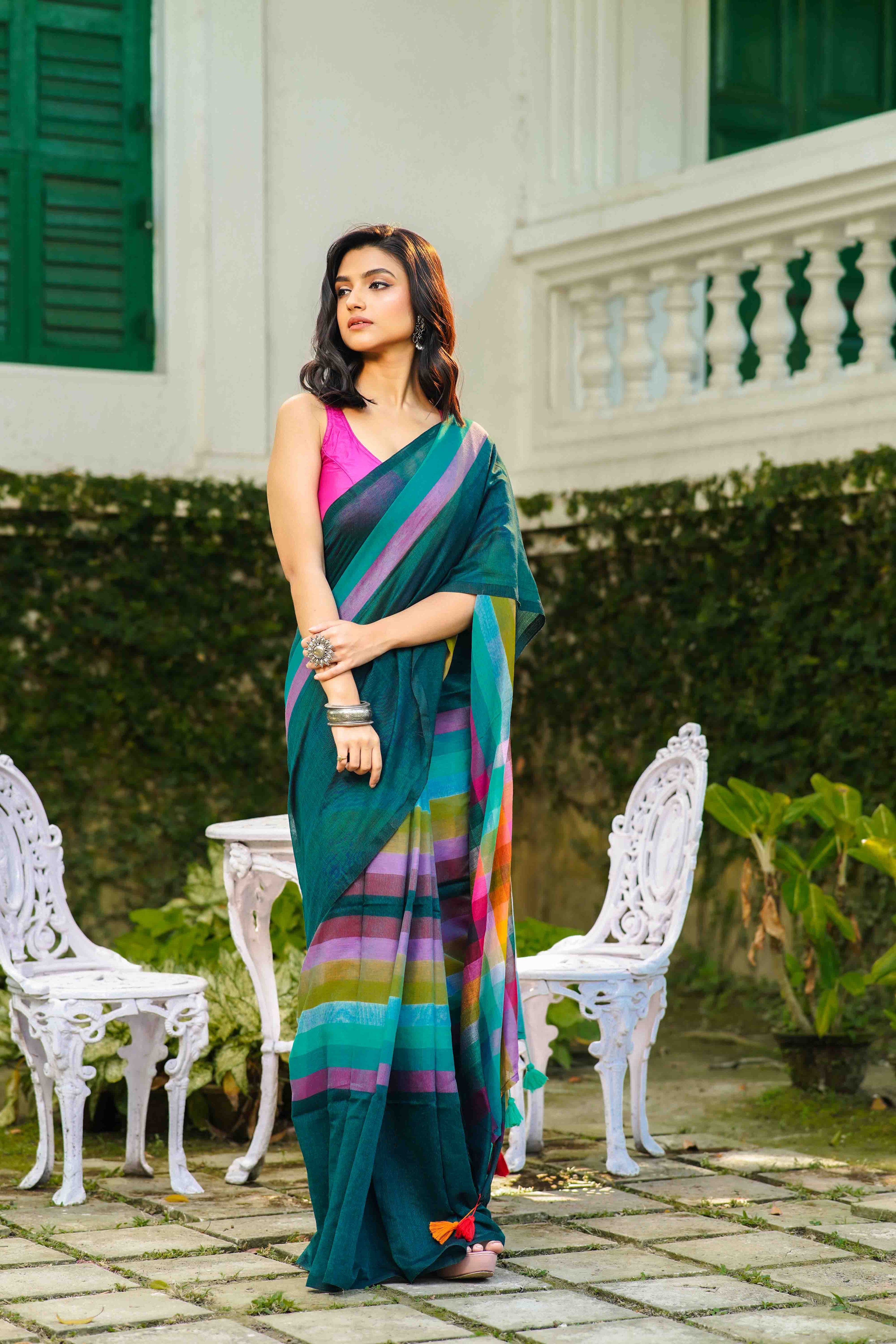 Deep Green Multicolor Checks Cotton Saree Without  Blouse Piece