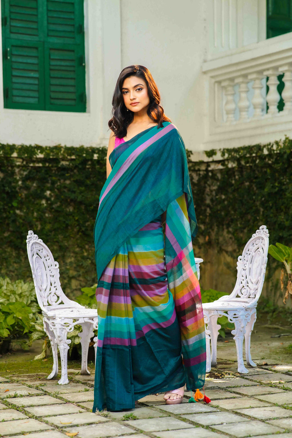 Deep Green Multicolor Checks Cotton Saree Without  Blouse Piece