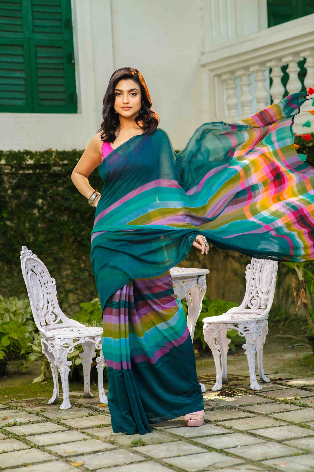 Deep Green Multicolor Checks Cotton Saree Without  Blouse Piece