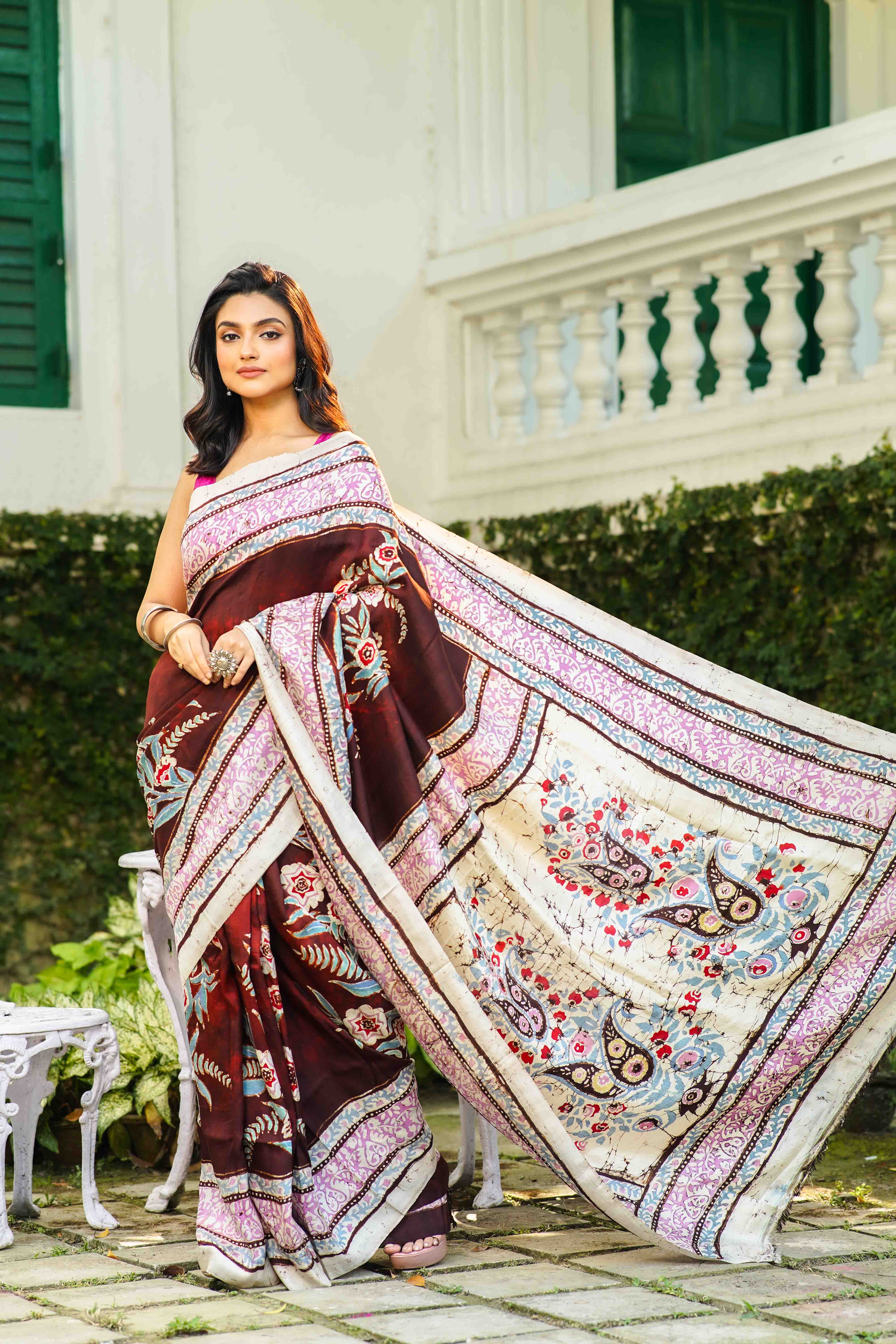 Offwhite Dark Choclate Katan Silk Saree With Blouse Piece