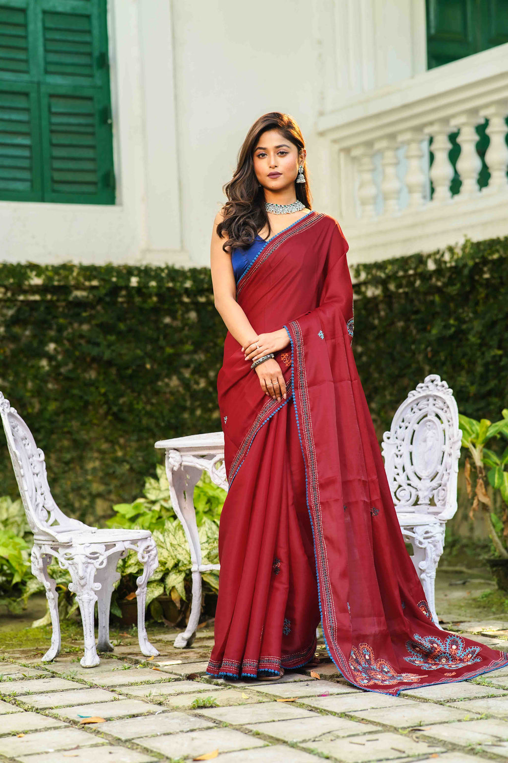 Red Blended Silk Gujarati Saree With Blouse Piece