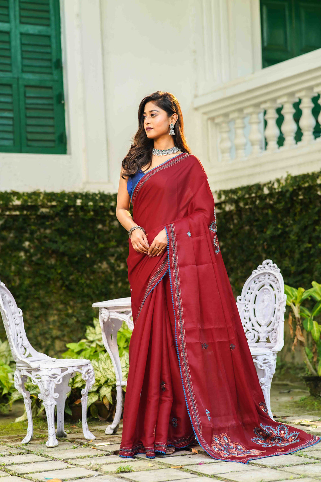 Red Blended Silk Gujarati Saree With Blouse Piece