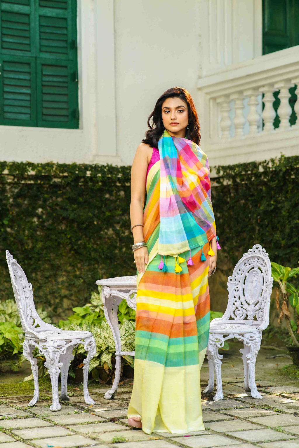 Pista Green Multicolor Checks Cotton Saree Without  Blouse Piece
