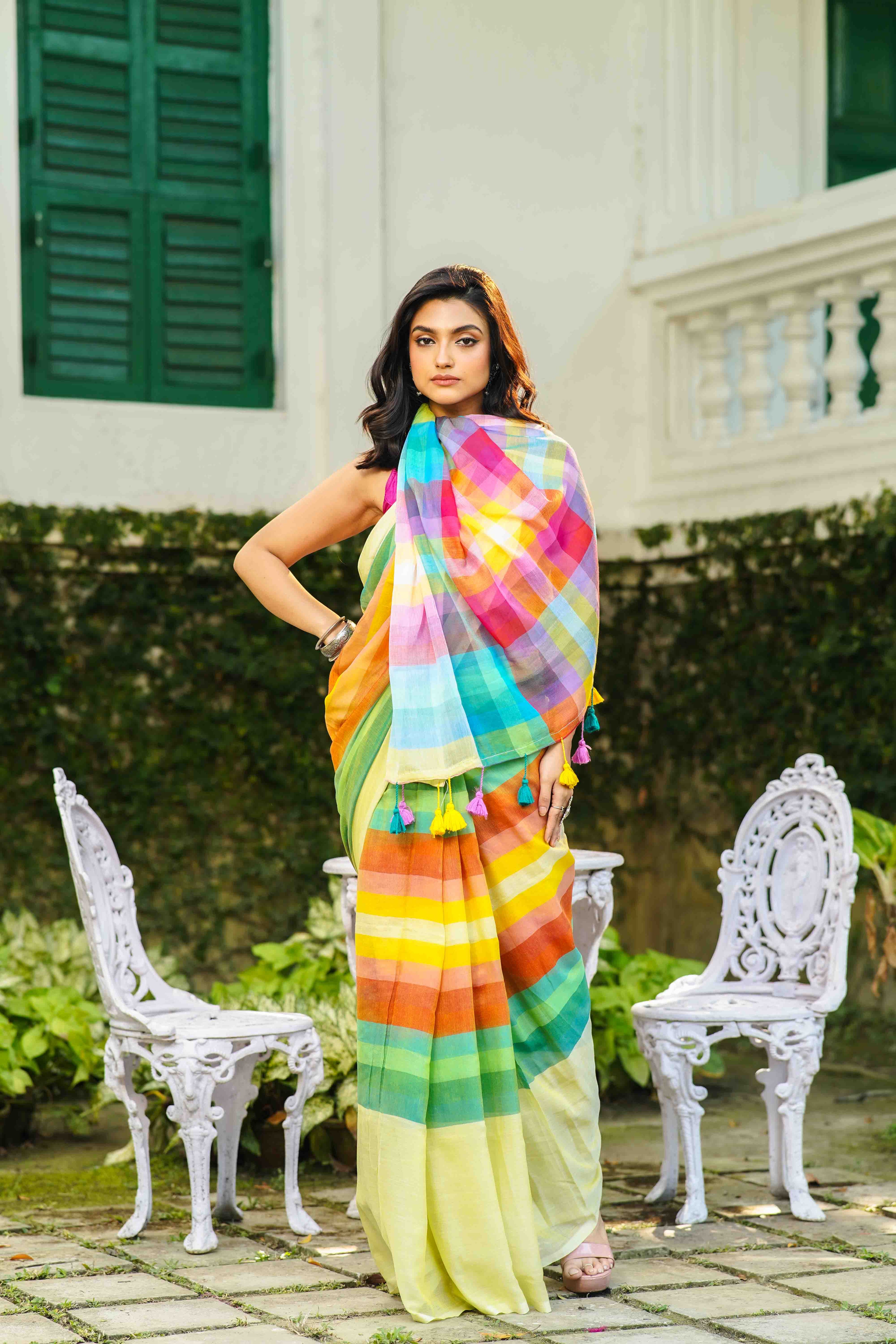 Pista Green Multicolor Checks Cotton Saree Without  Blouse Piece