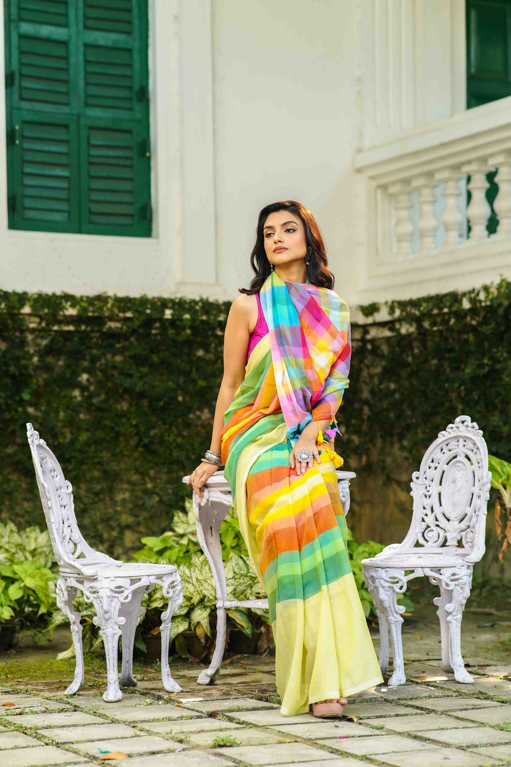 Pista Green Multicolor Checks Cotton Saree Without  Blouse Piece