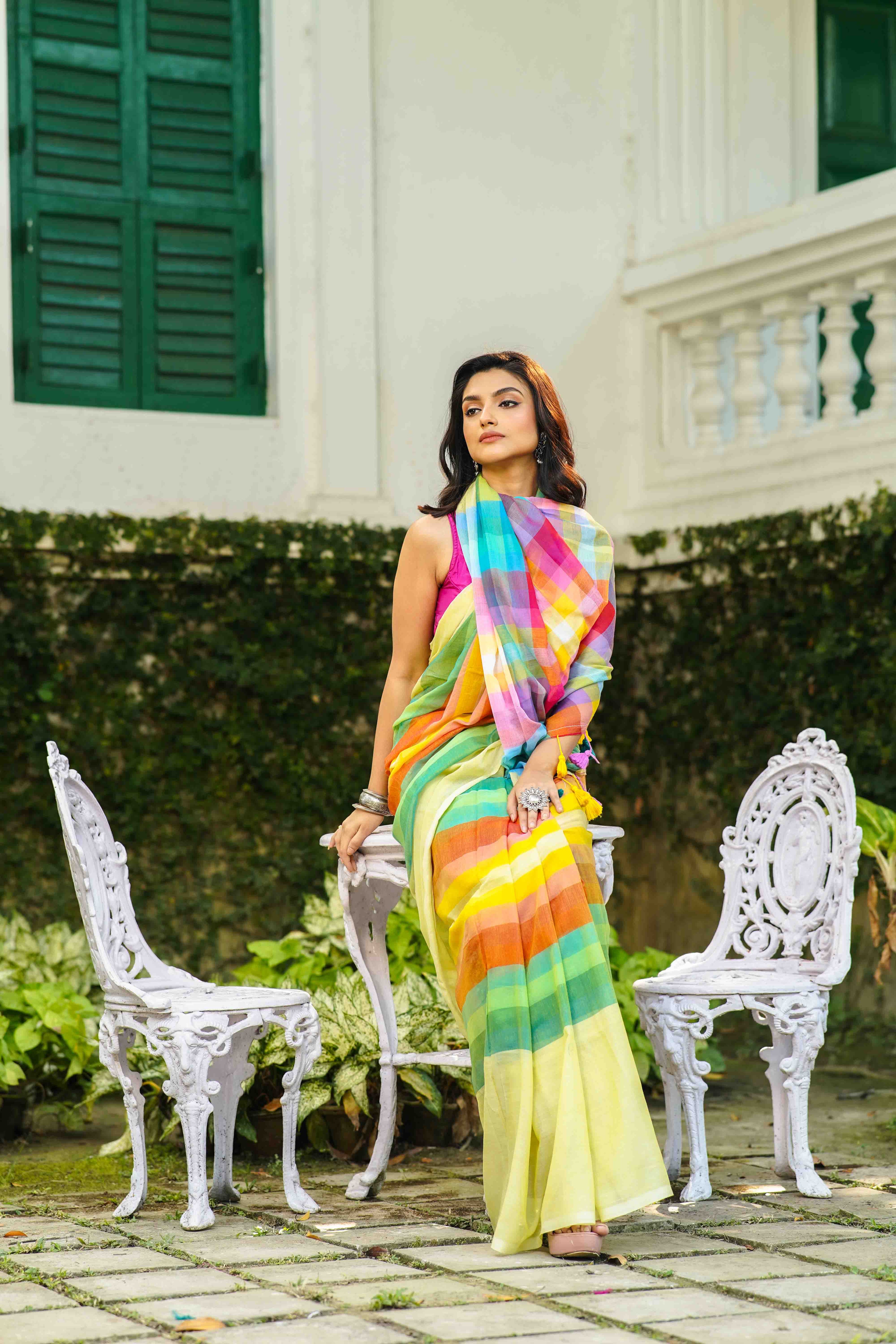 Pista Green Multicolor Checks Cotton Saree Without  Blouse Piece