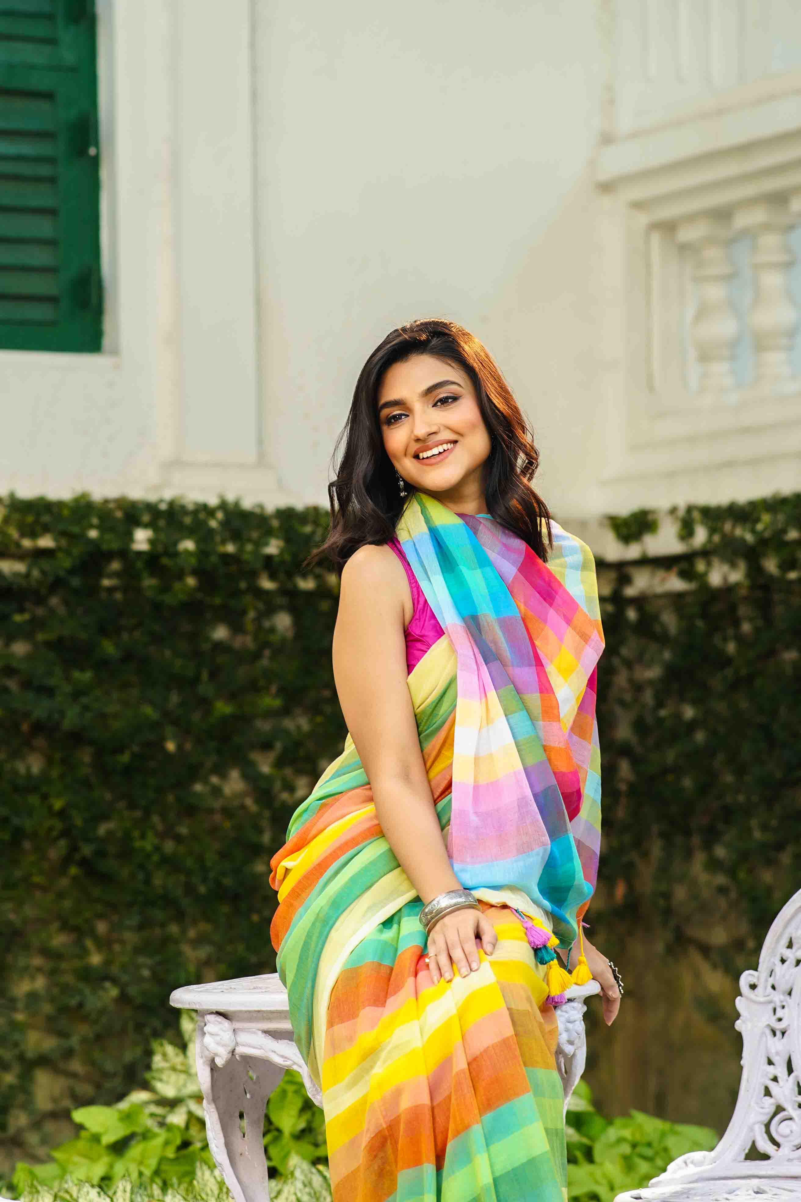 Pista Green Multicolor Checks Cotton Saree Without  Blouse Piece
