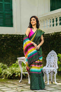 Moss Green Multicolor Checks Cotton Saree Without Blouse Piece