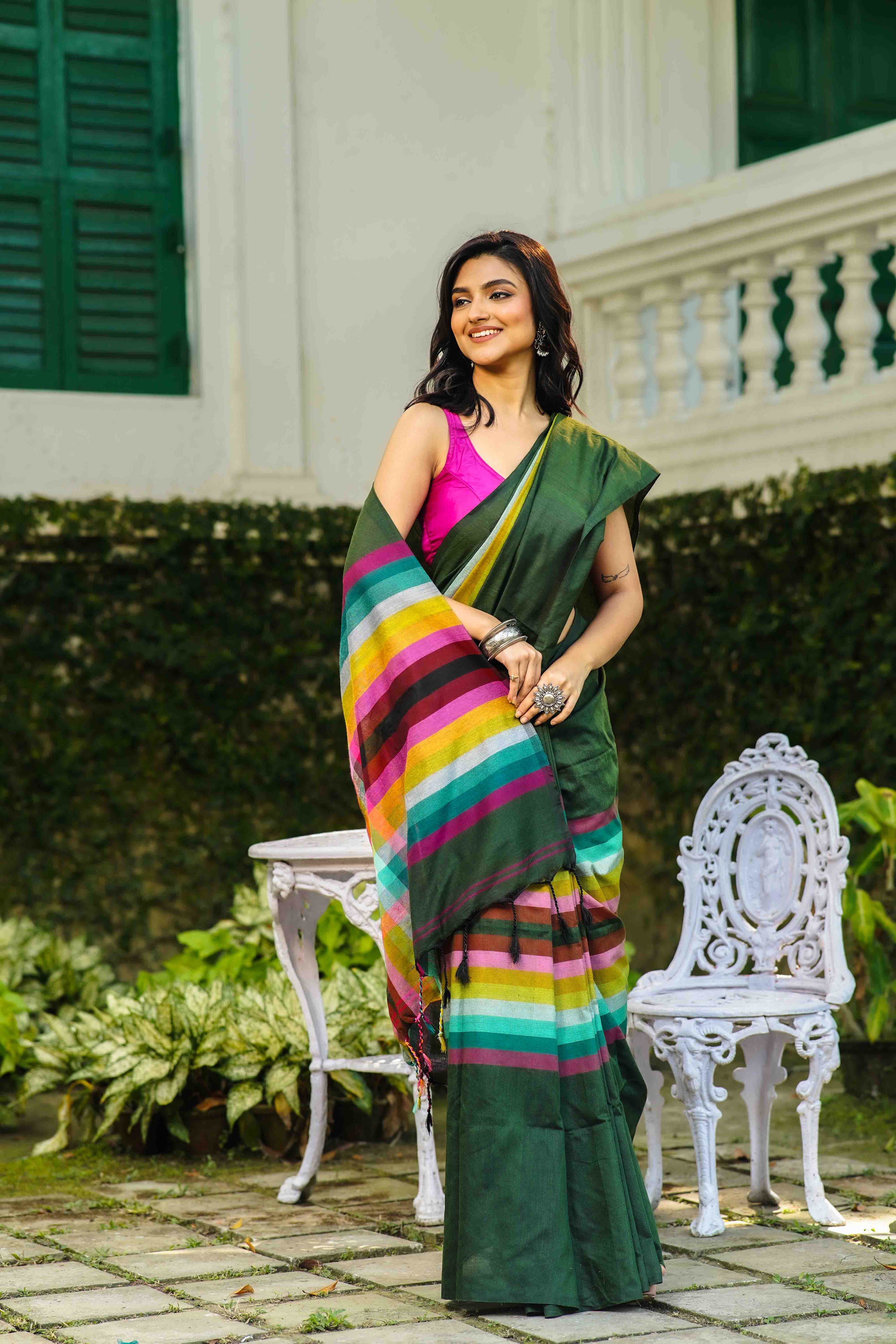 Moss Green Multicolor Checks Cotton Saree Without Blouse Piece