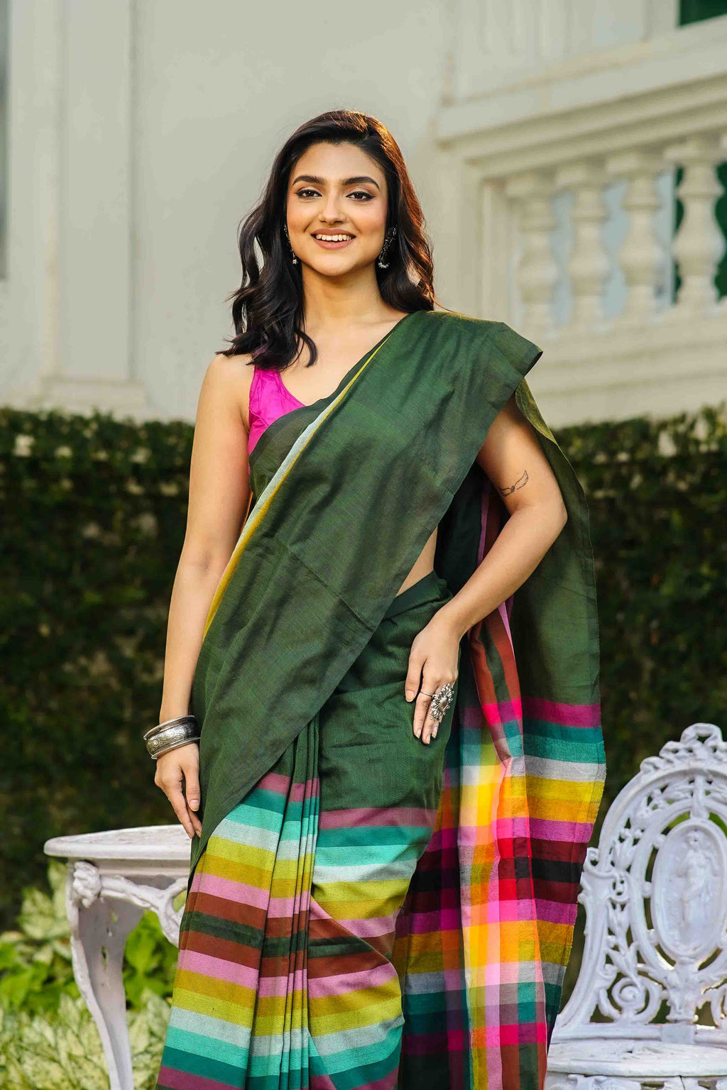 Moss Green Multicolor Checks Cotton Saree Without Blouse Piece