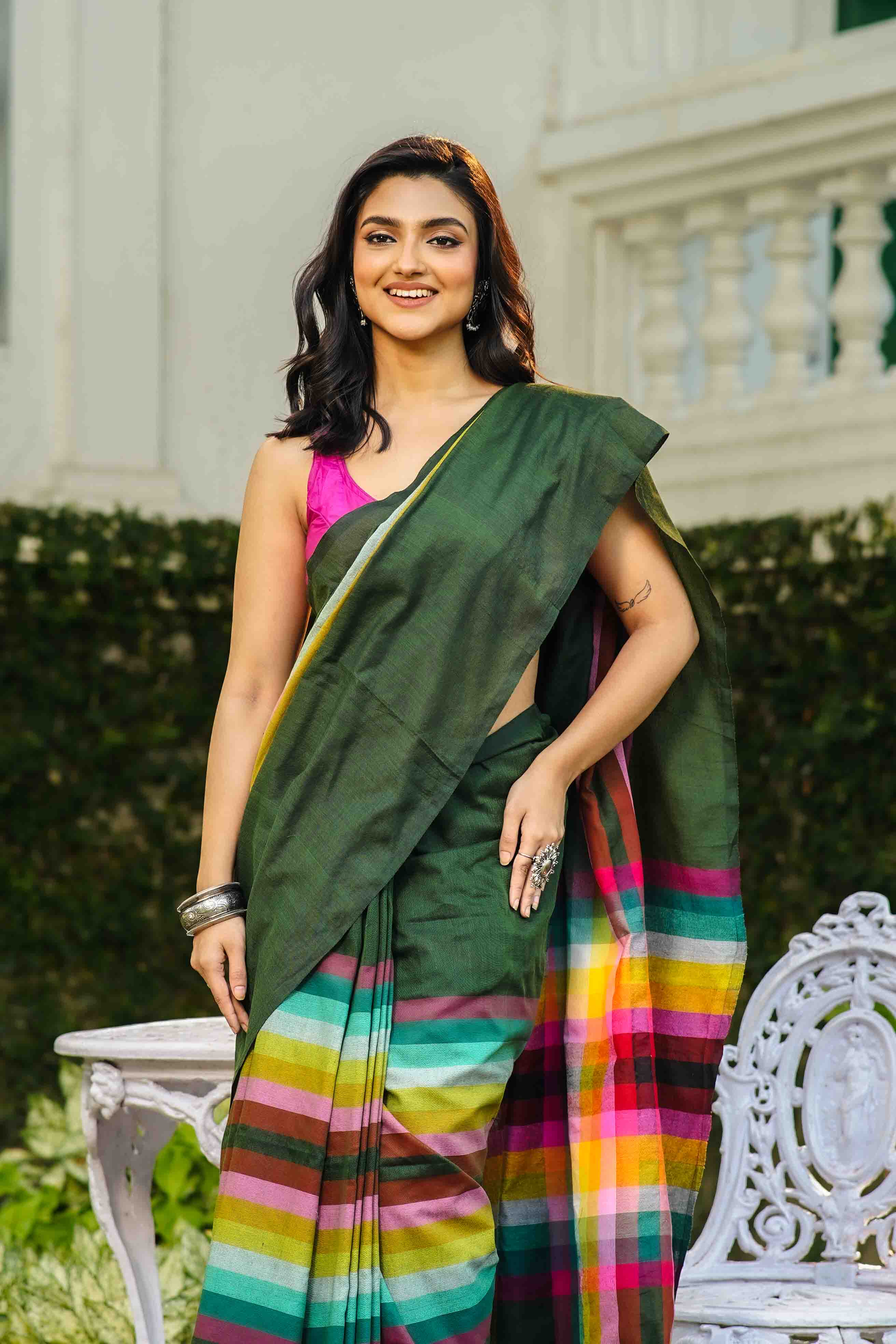 Moss Green Multicolor Checks Cotton Saree Without Blouse Piece