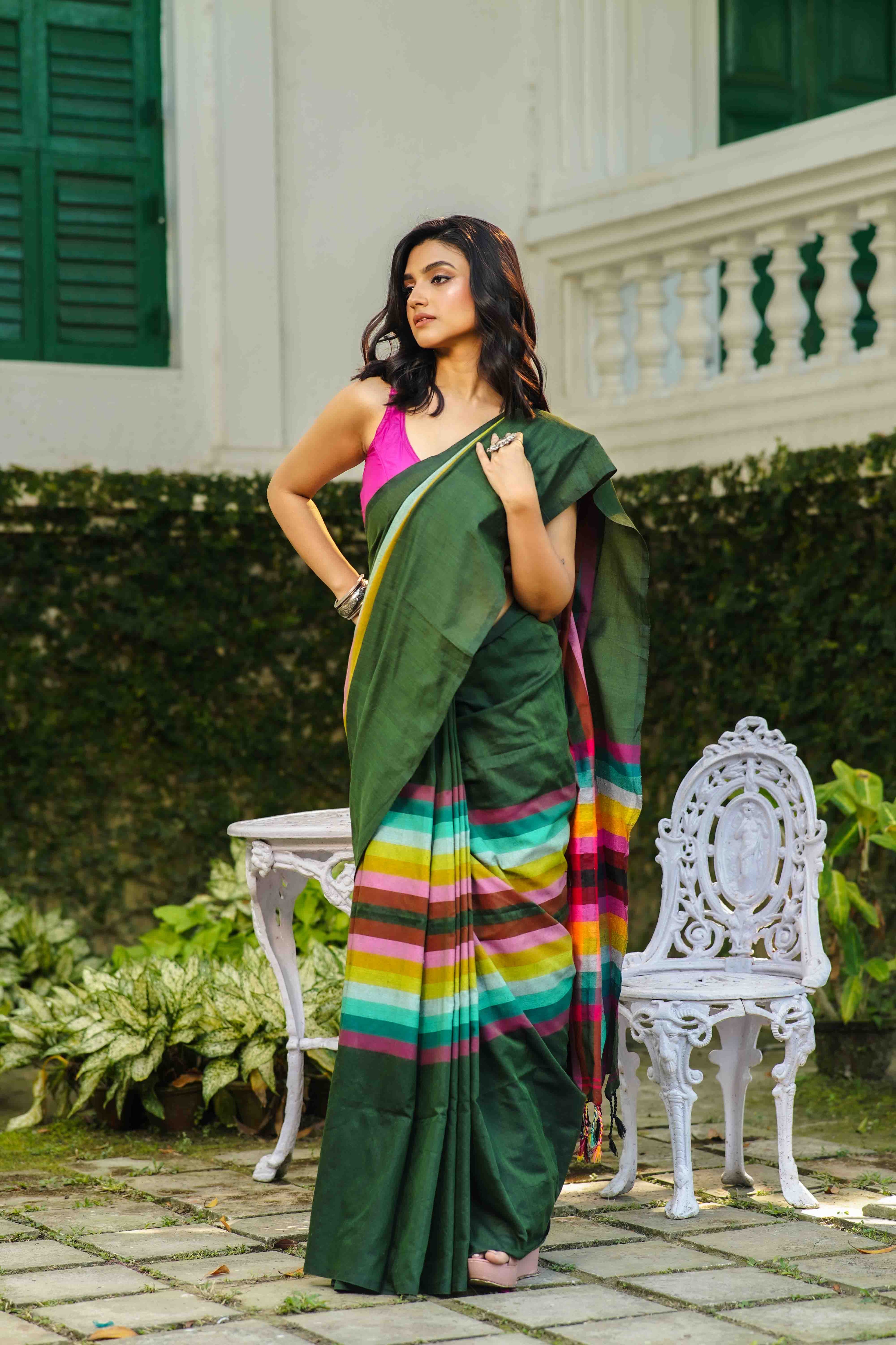 Moss Green Multicolor Checks Cotton Saree Without Blouse Piece