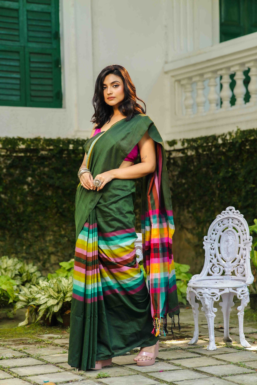 Moss Green Multicolor Checks Cotton Saree Without Blouse Piece