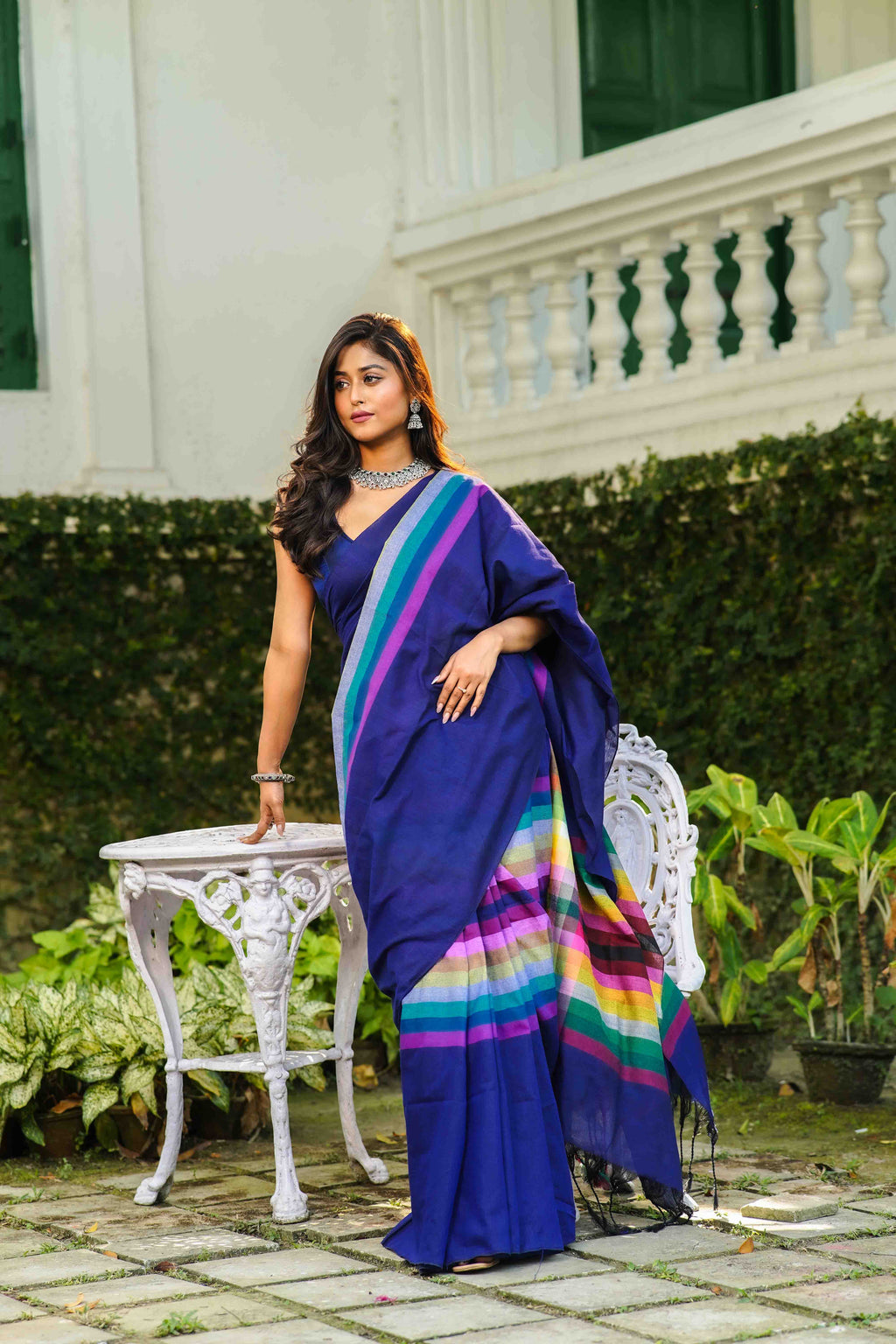 Blue Multicolor Checks Cotton Saree With Blouse Piece
