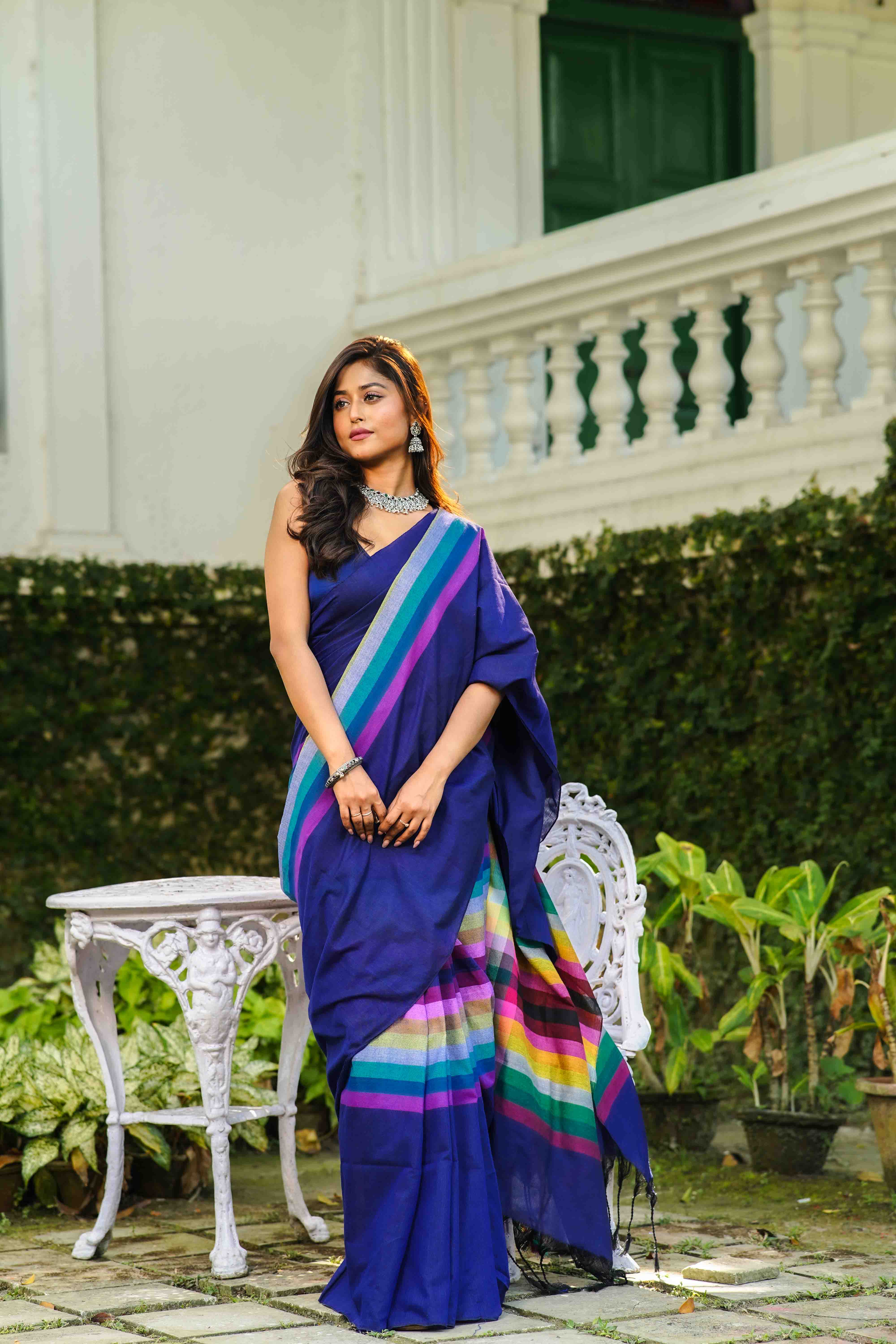 Blue Multicolor Checks Cotton Saree With Blouse Piece