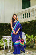 Blue Multicolor Checks Cotton Saree With Blouse Piece