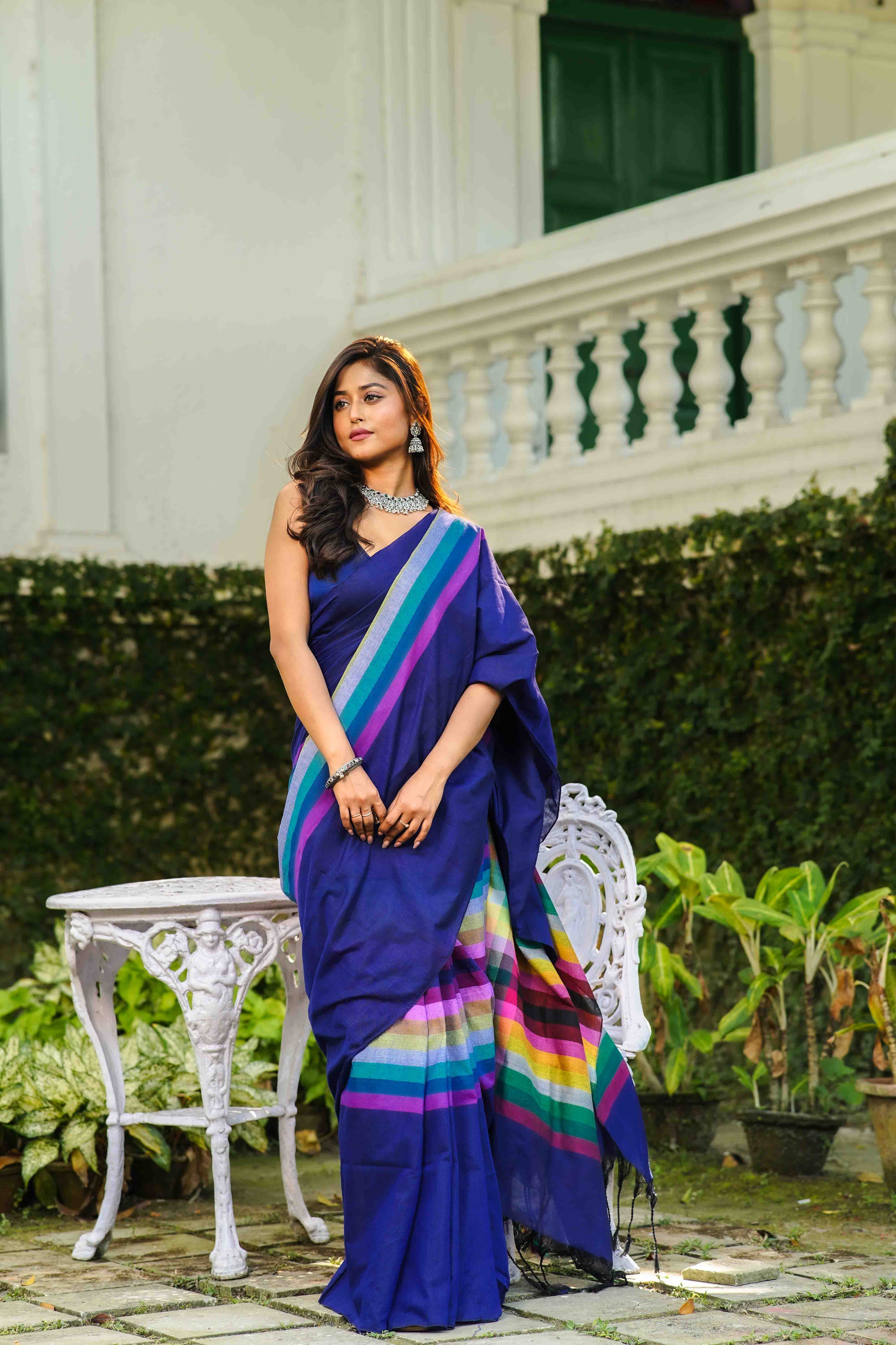 Blue Multicolor Checks Cotton Saree With Blouse Piece
