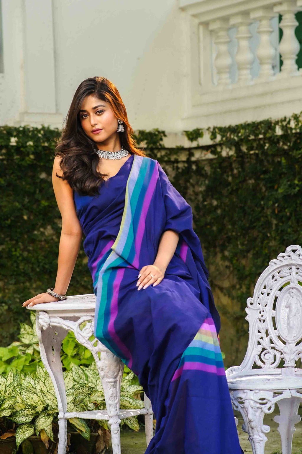 Blue Multicolor Checks Cotton Saree With Blouse Piece