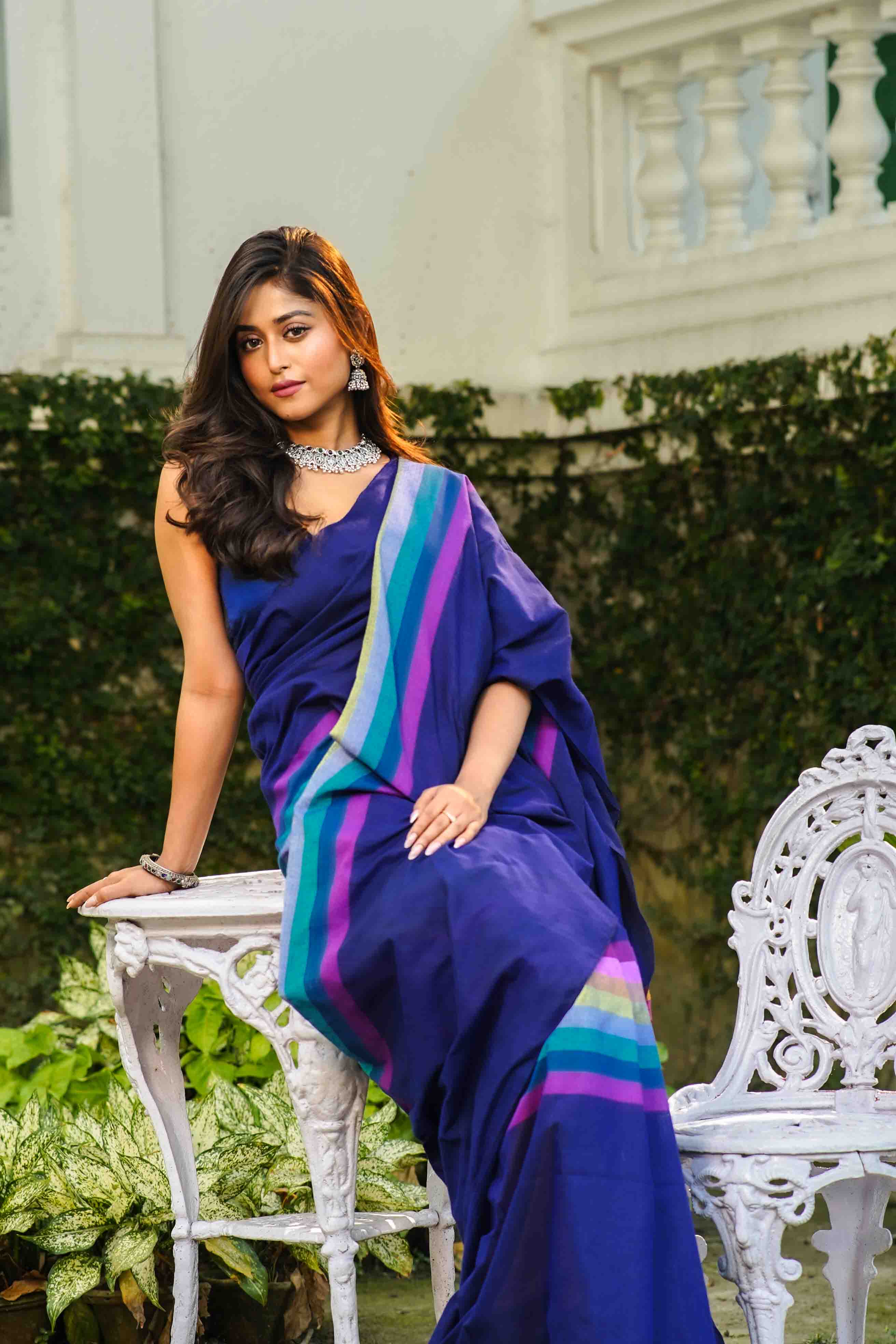 Blue Multicolor Checks Cotton Saree With Blouse Piece