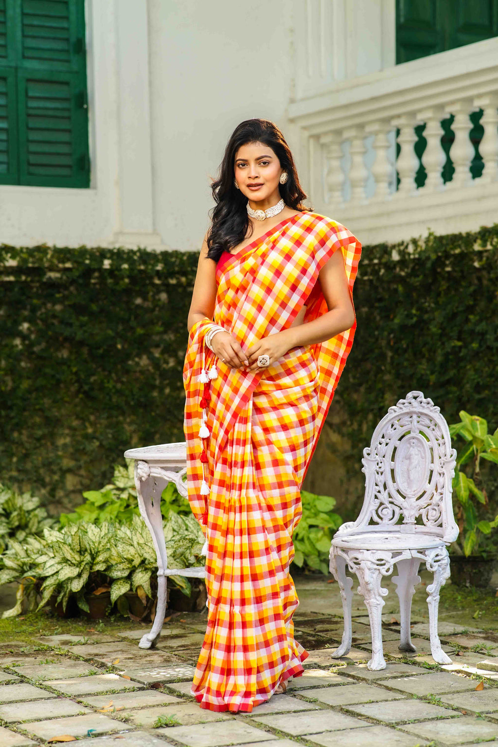 Yellow Red Checks Cotton Saree Without  Blouse Piece