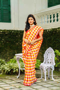 Yellow Red Checks Cotton Saree Without  Blouse Piece