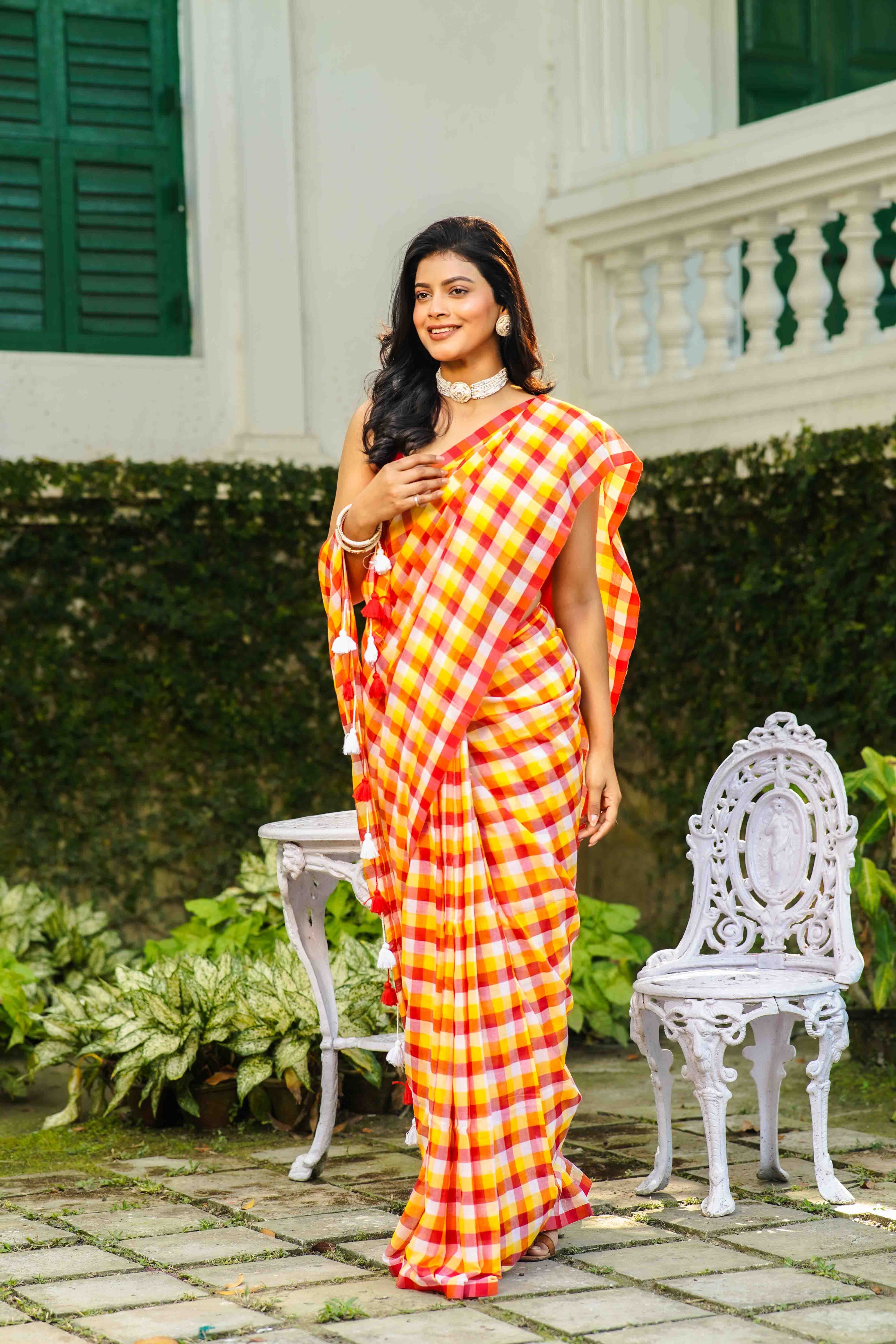 Yellow Red Checks Cotton Saree Without  Blouse Piece