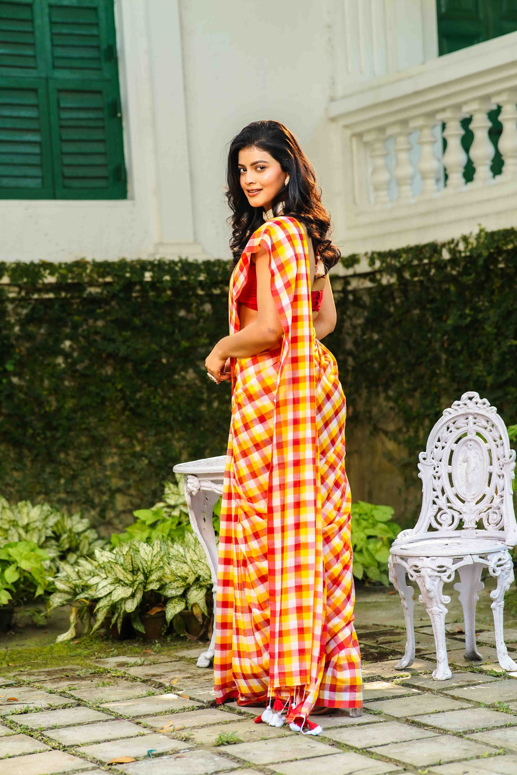Yellow Red Checks Cotton Saree Without  Blouse Piece