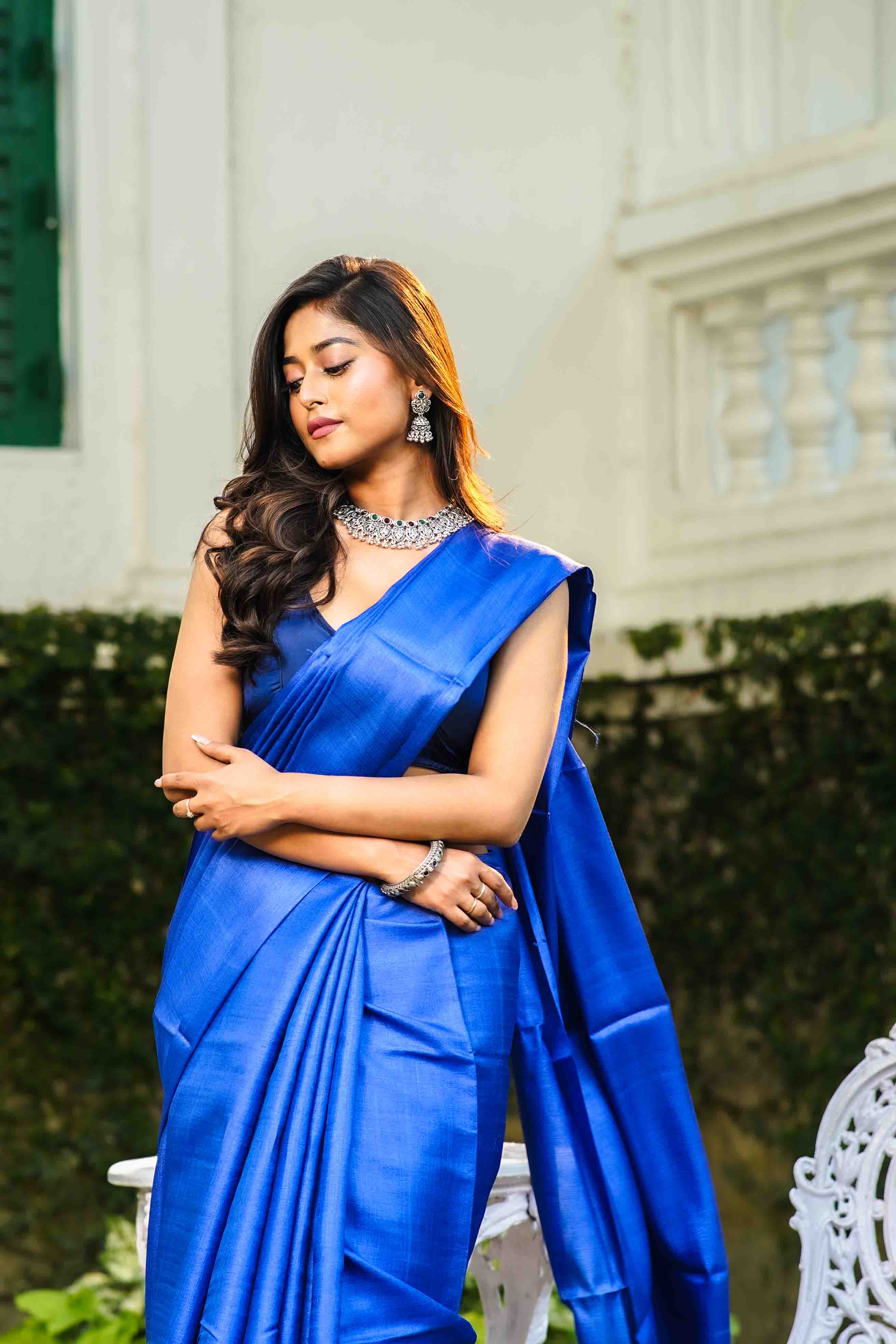 Royal Blue Tussar Saree With Blouse Piece