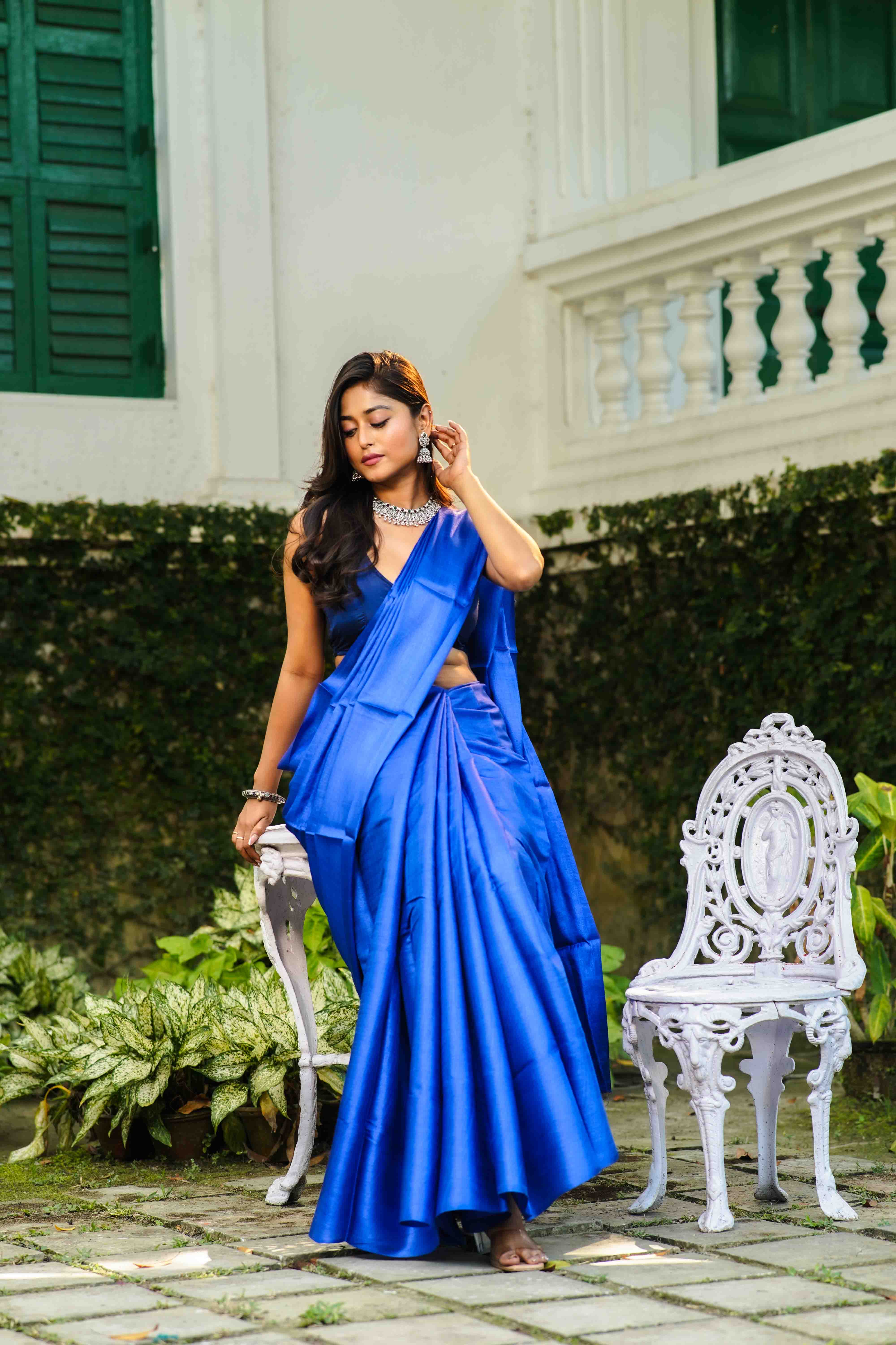 Royal Blue Tussar Saree With Blouse Piece