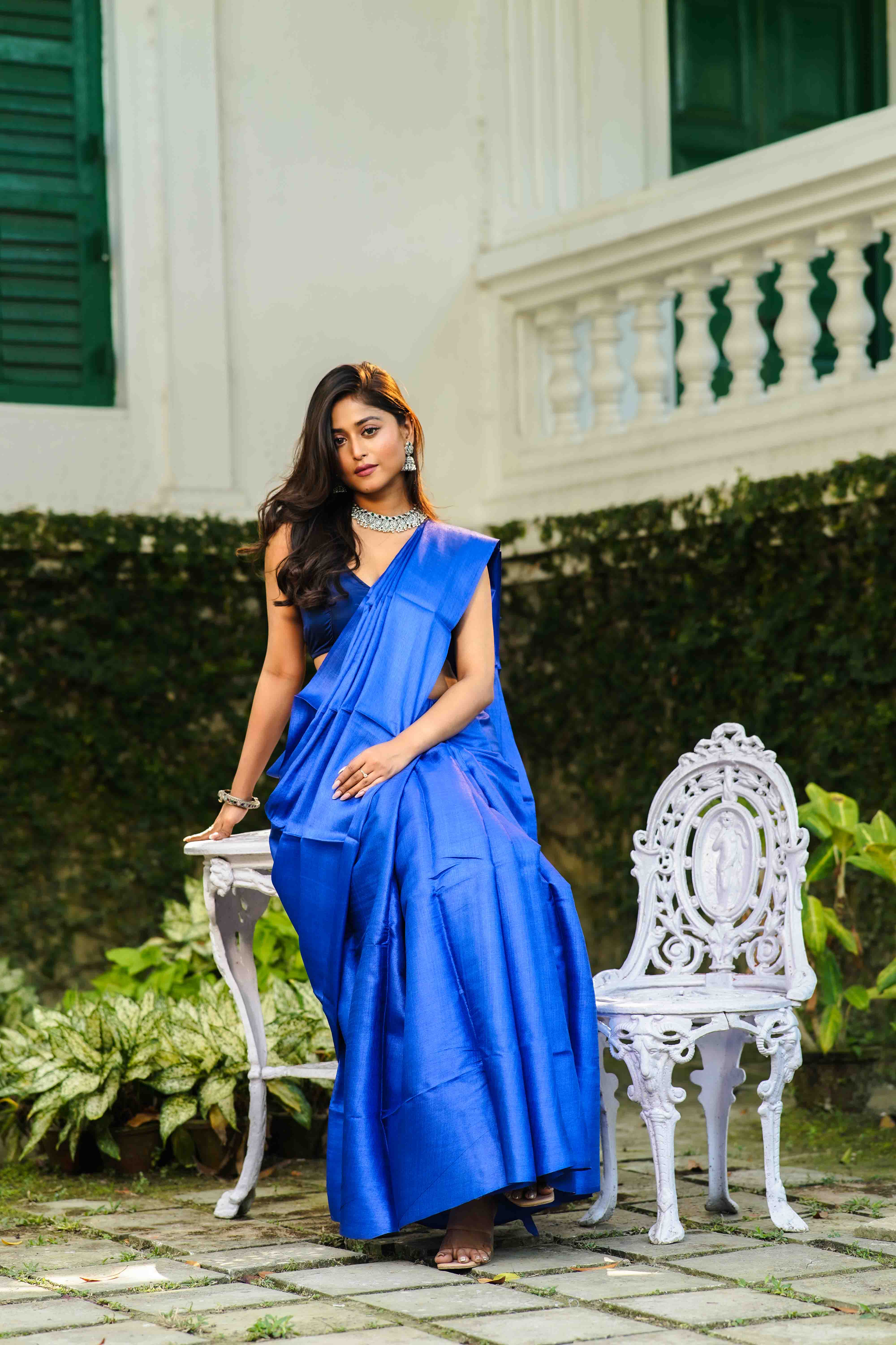 Royal Blue Tussar Saree With Blouse Piece