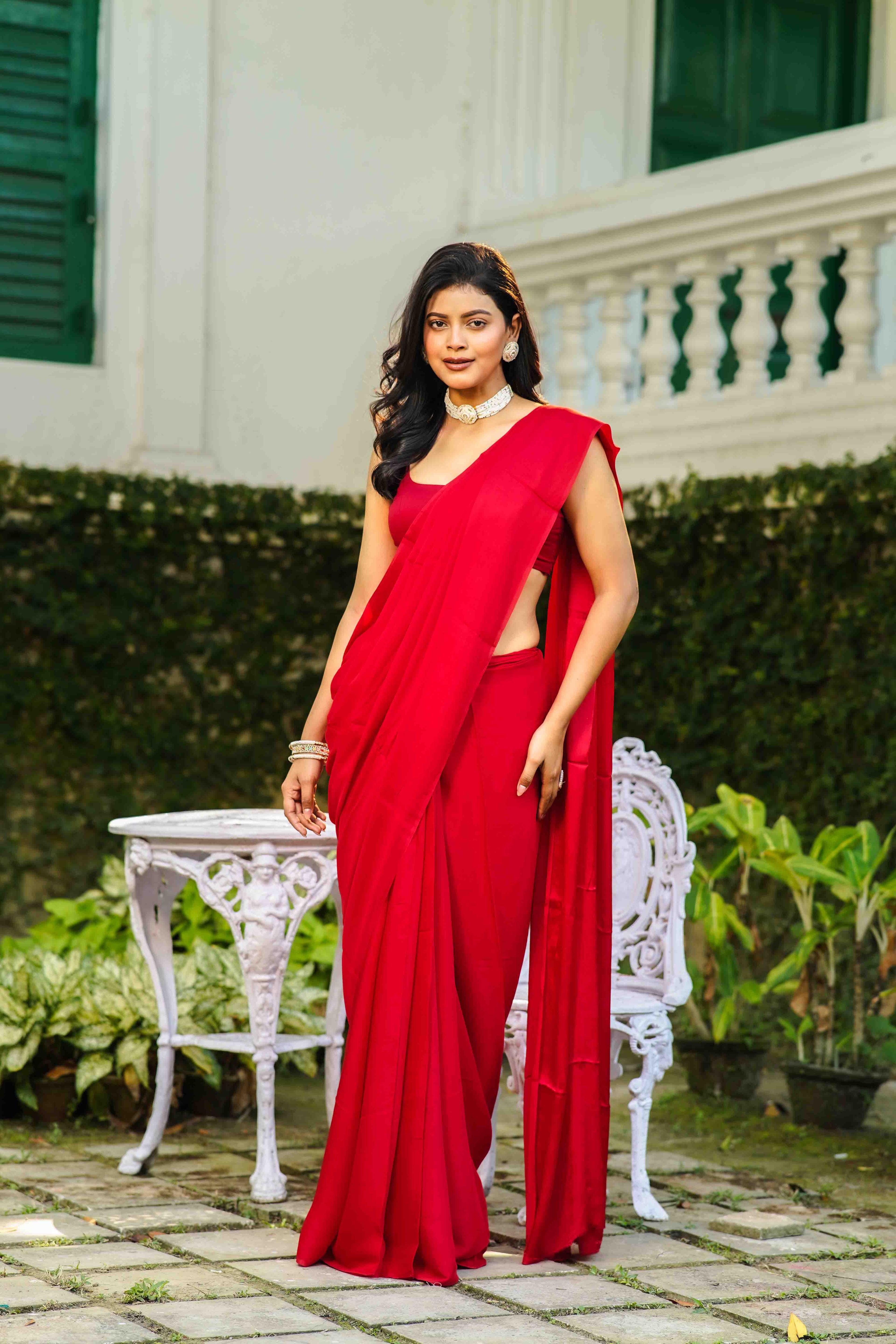 Red Satin Saree With Blouse Piece